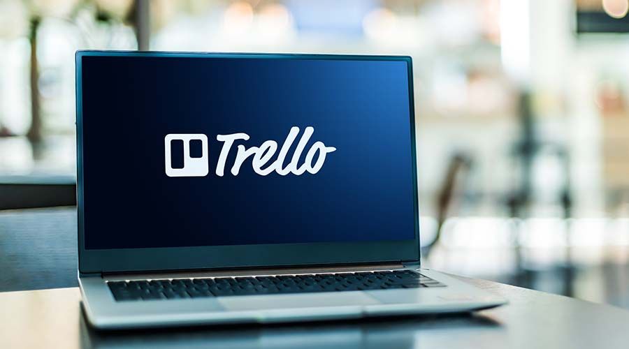 POZNAN, POL - SEP 23, 2020: Laptop computer displaying logo of Trello, a web-based Kanban-style list-making application which is a subsidiary of Atlassian