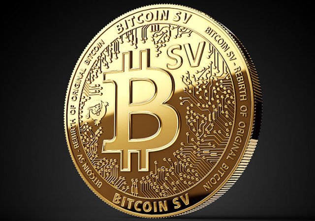 Golden Bitcoin Satoshi Vision (Bitcoin SV or BSV) cryptocurrency physical concept coin isolated on black background. 3D rendering