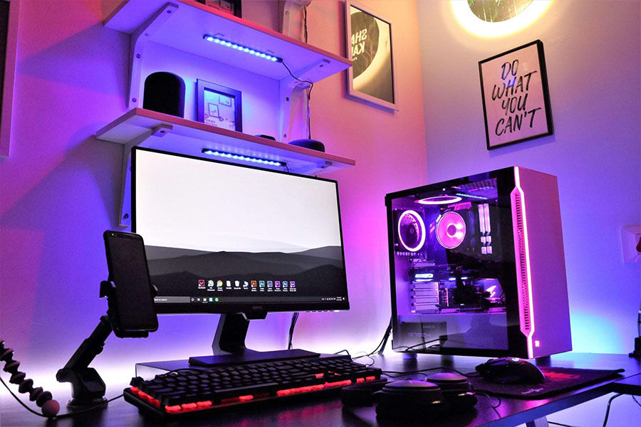 purple PC gaming setup