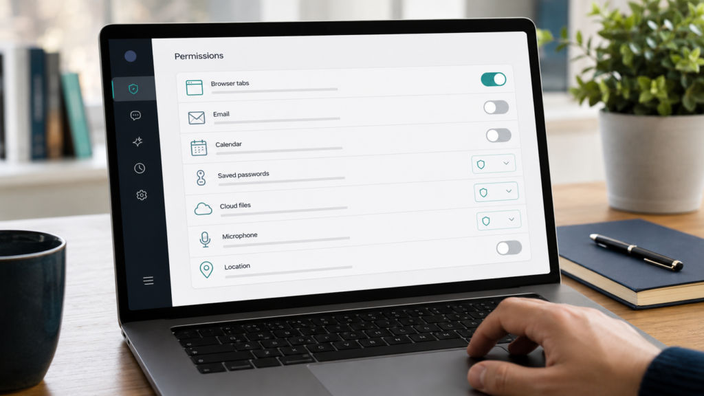AI browser privacy settings for accounts, files and device permissions