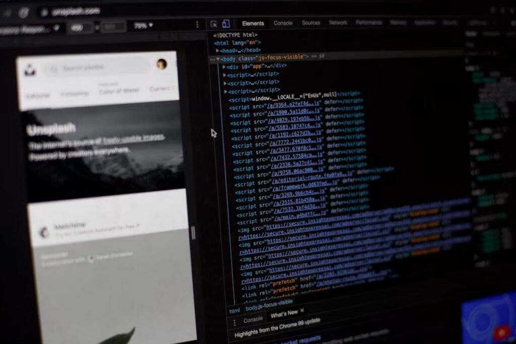 Browser developer tools showing website code