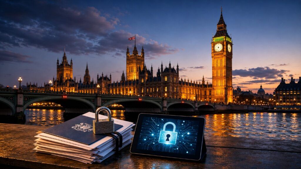 UK Parliament with documents and digital security locks