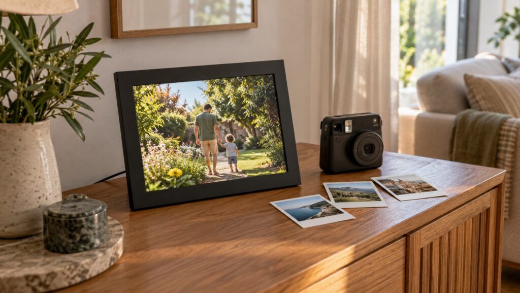 Digital photo frame beside an instant camera and travel photo prints