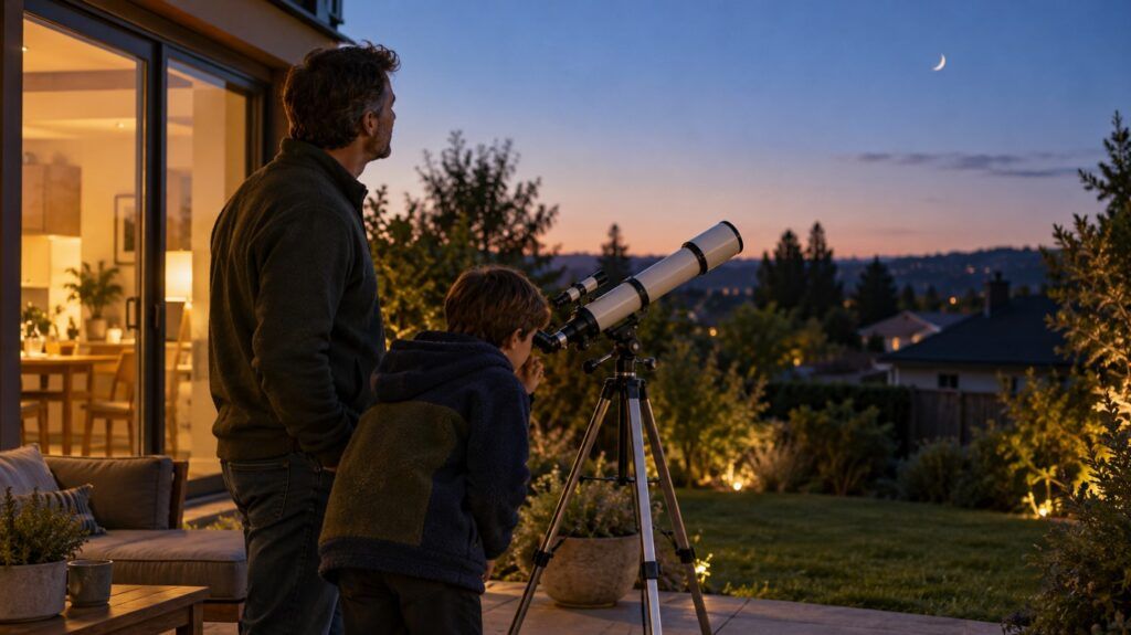 Father and child using a telescope in a garden at dusk