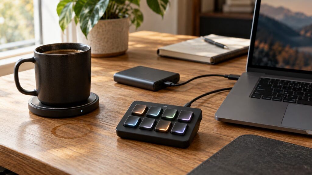 Coffee mug, shortcut controller and portable power bank on a home office desk