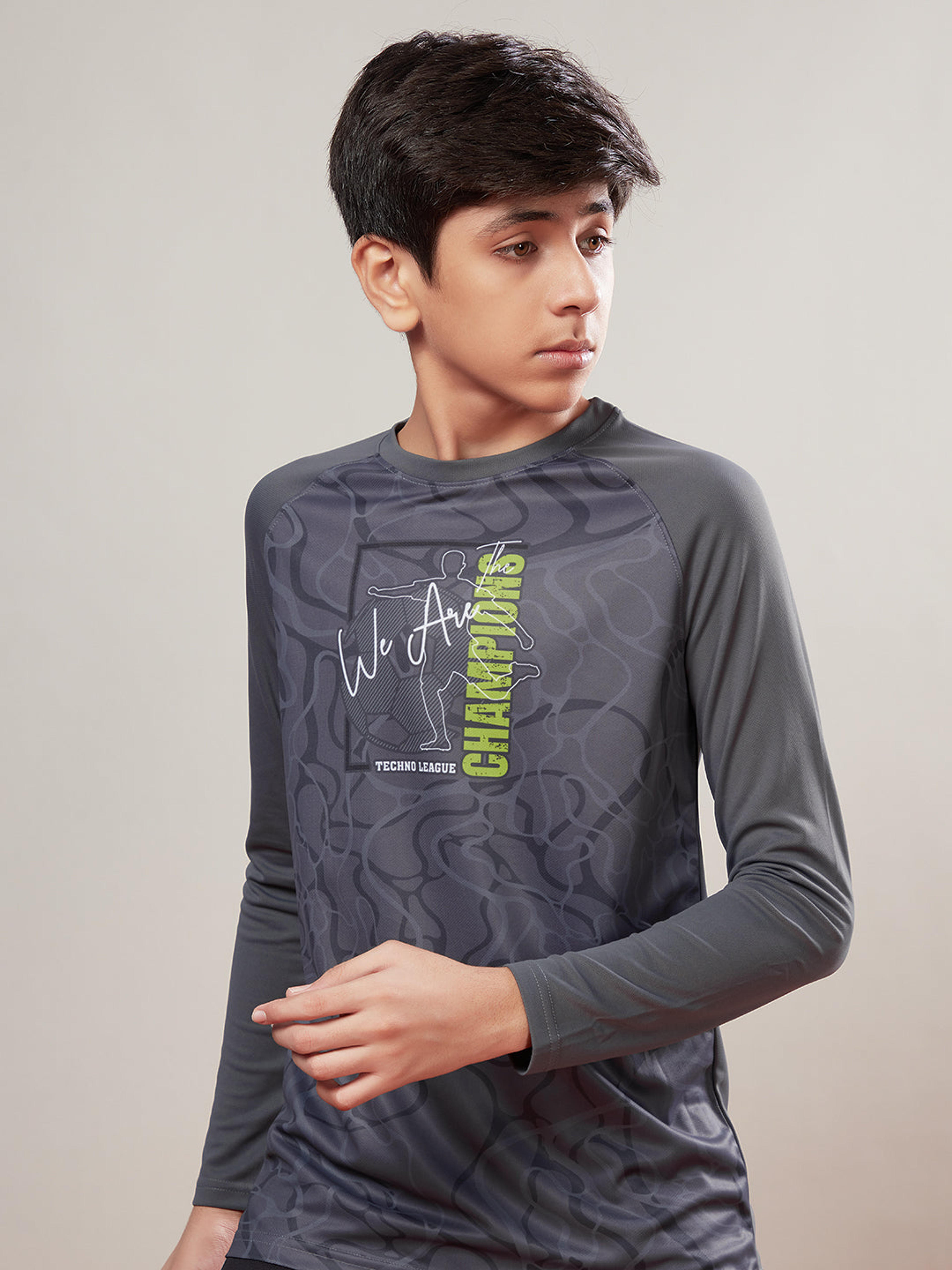 Boys Printed Slim Fit Crew Neck T-shirt with TECHNO COOL+ in Iron Grey - 3