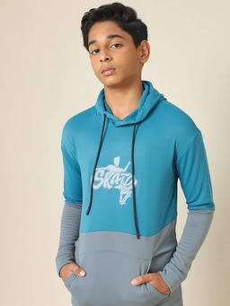 Boys Colorblock Slim Fit Hooded Sweatshirt with TECHNO WARM+ in Bright Teal - 5