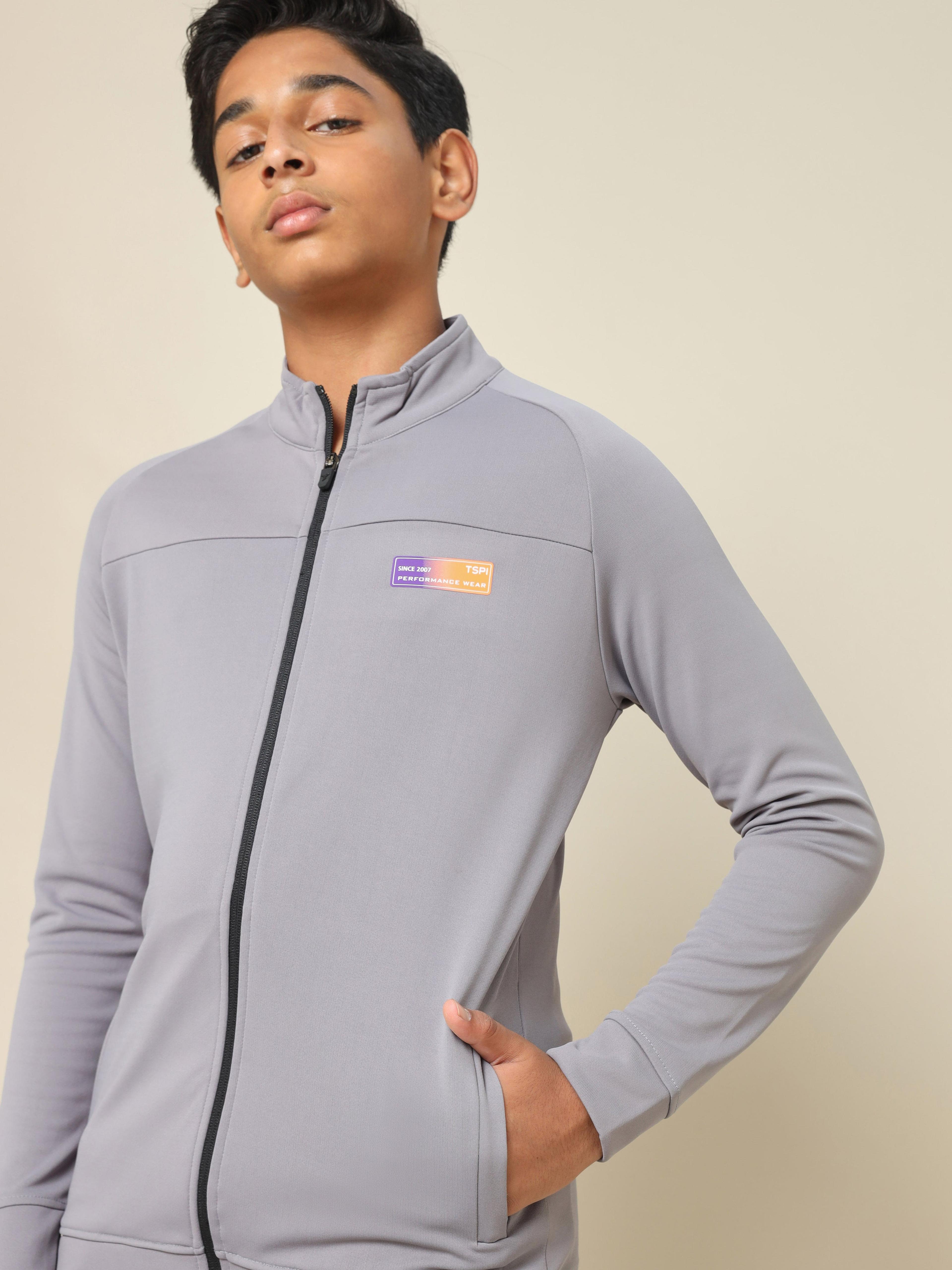Boys Slim Fit Mock Neck Sports Jacket with TECHNO DRY in Light Grey - 4