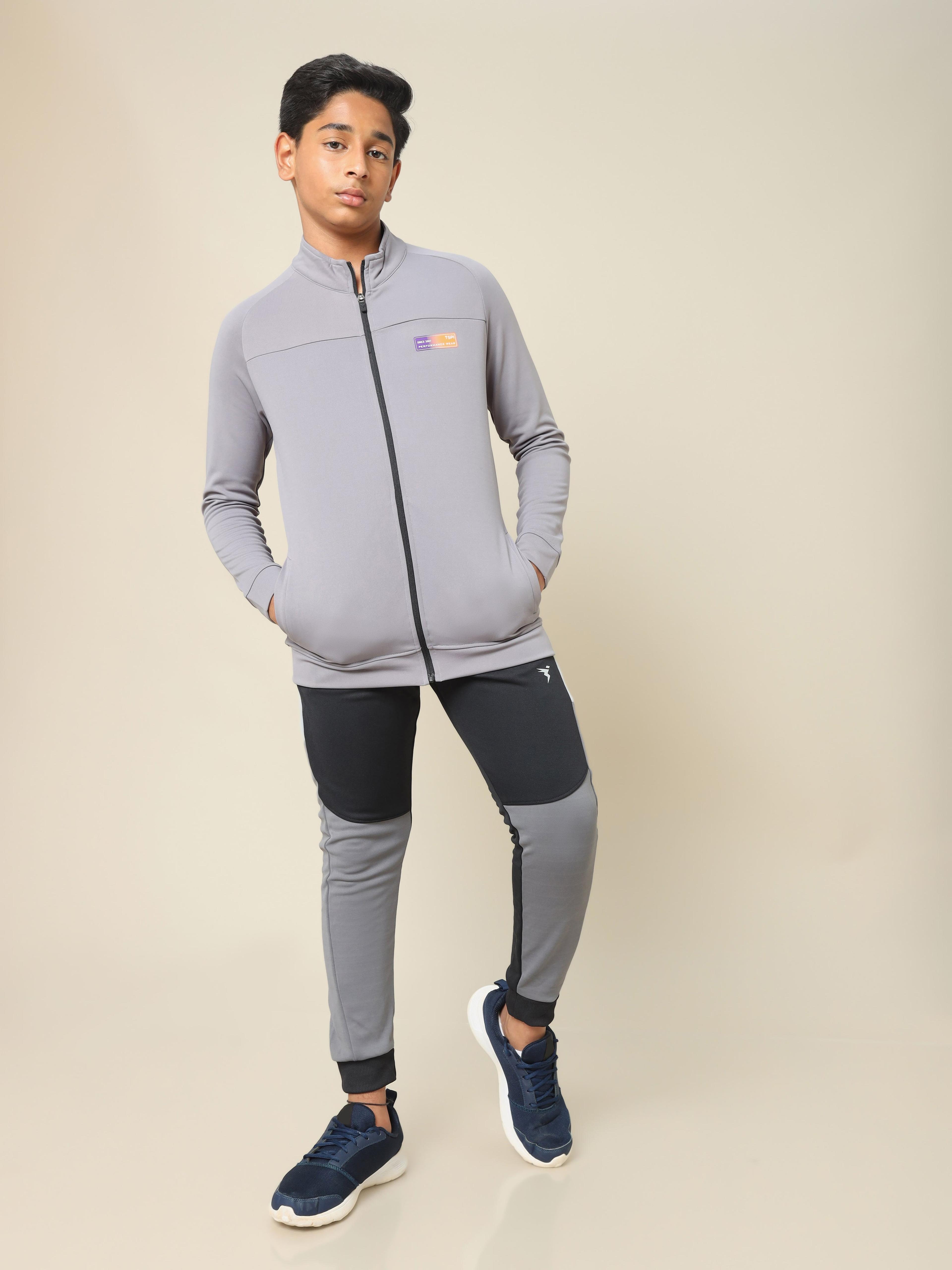 Boys Slim Fit Mock Neck Sports Jacket with TECHNO DRY in Light Grey - 5