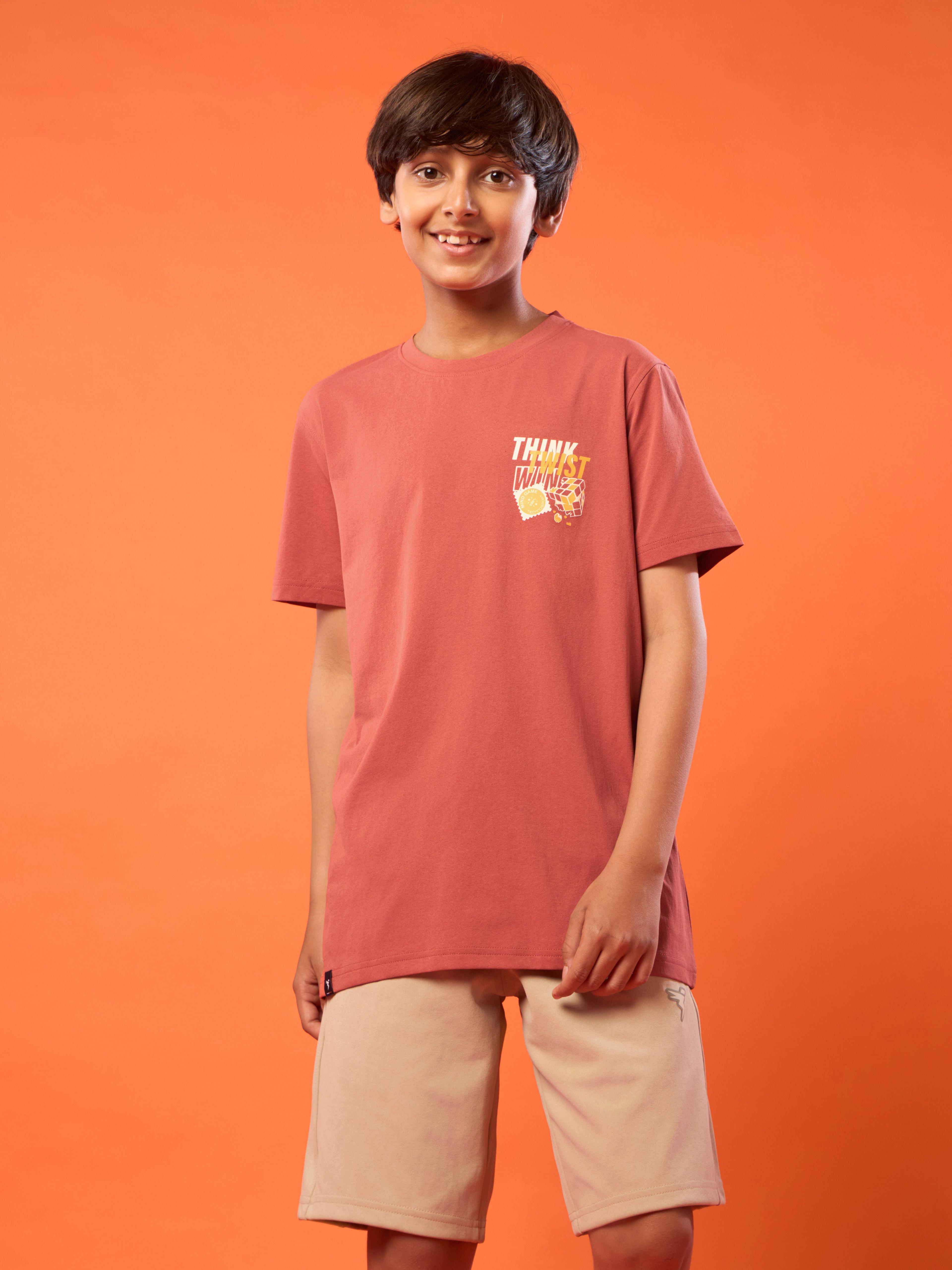 Boys Printed Slim Fit Round Neck Sports T-shirt with COTFLEX in Chilli Flakes - 2