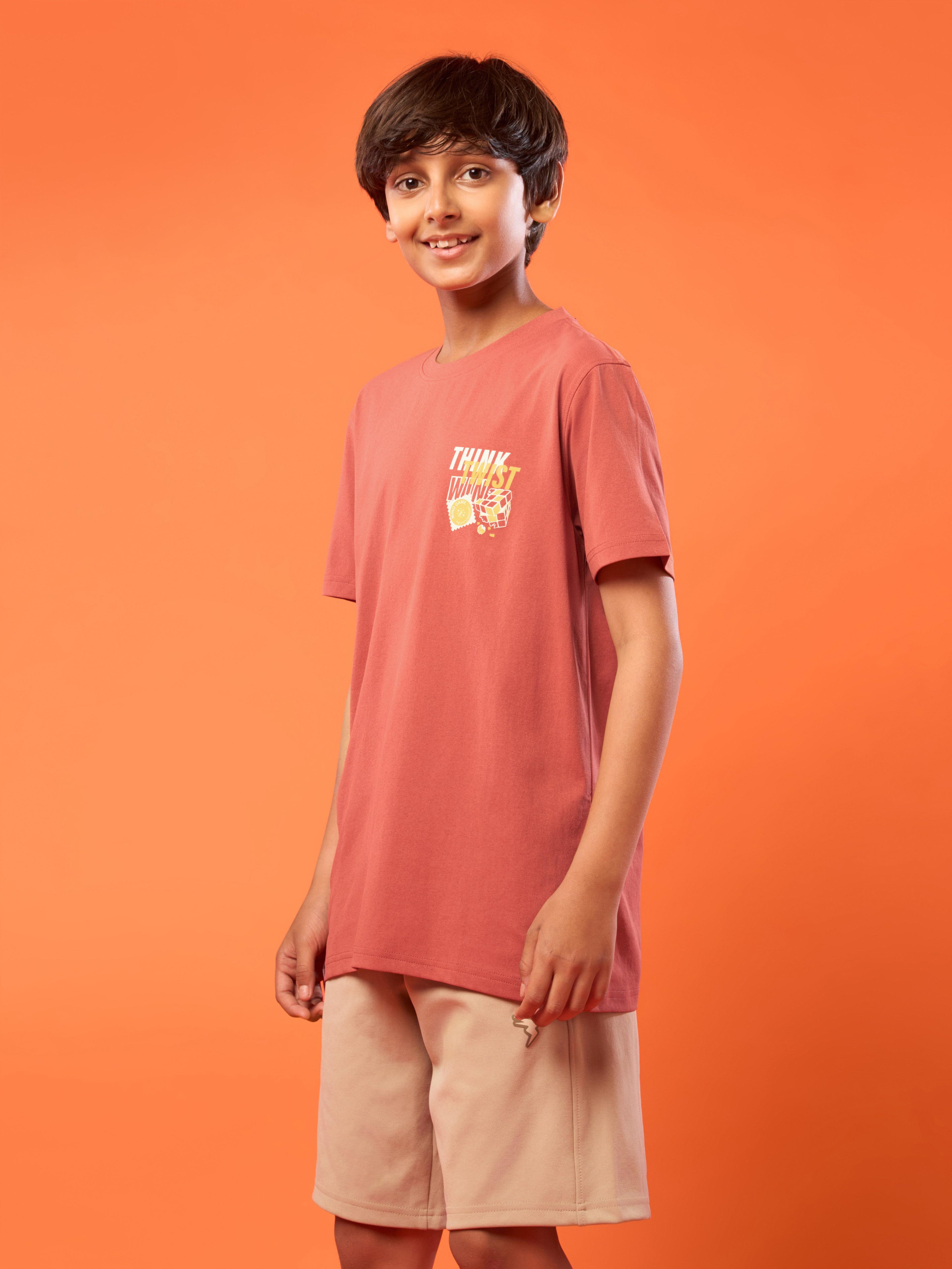 Boys Printed Slim Fit Round Neck Sports T-shirt with COTFLEX in Chilli Flakes - 4