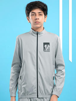 Boys Colorblock Slim Fit Mock Neck Sports Jacket with TS FLEXI in Ash - 2