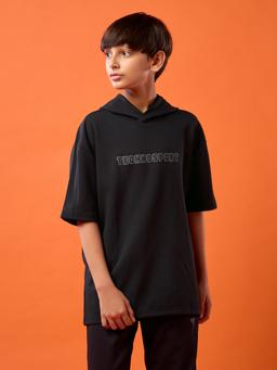 Boys Drop Shoulder Relaxed Hooded T-shirt in Black - 2
