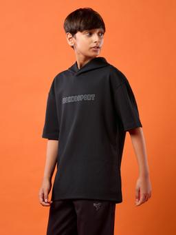 Boys Drop Shoulder Relaxed Hooded T-shirt in Black - 4