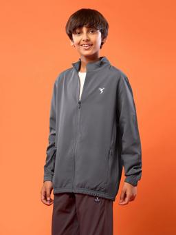 Boys Solid Slim Fit Mock Neck Sports Jacket with TECHNOLITE in Iron Grey - 4