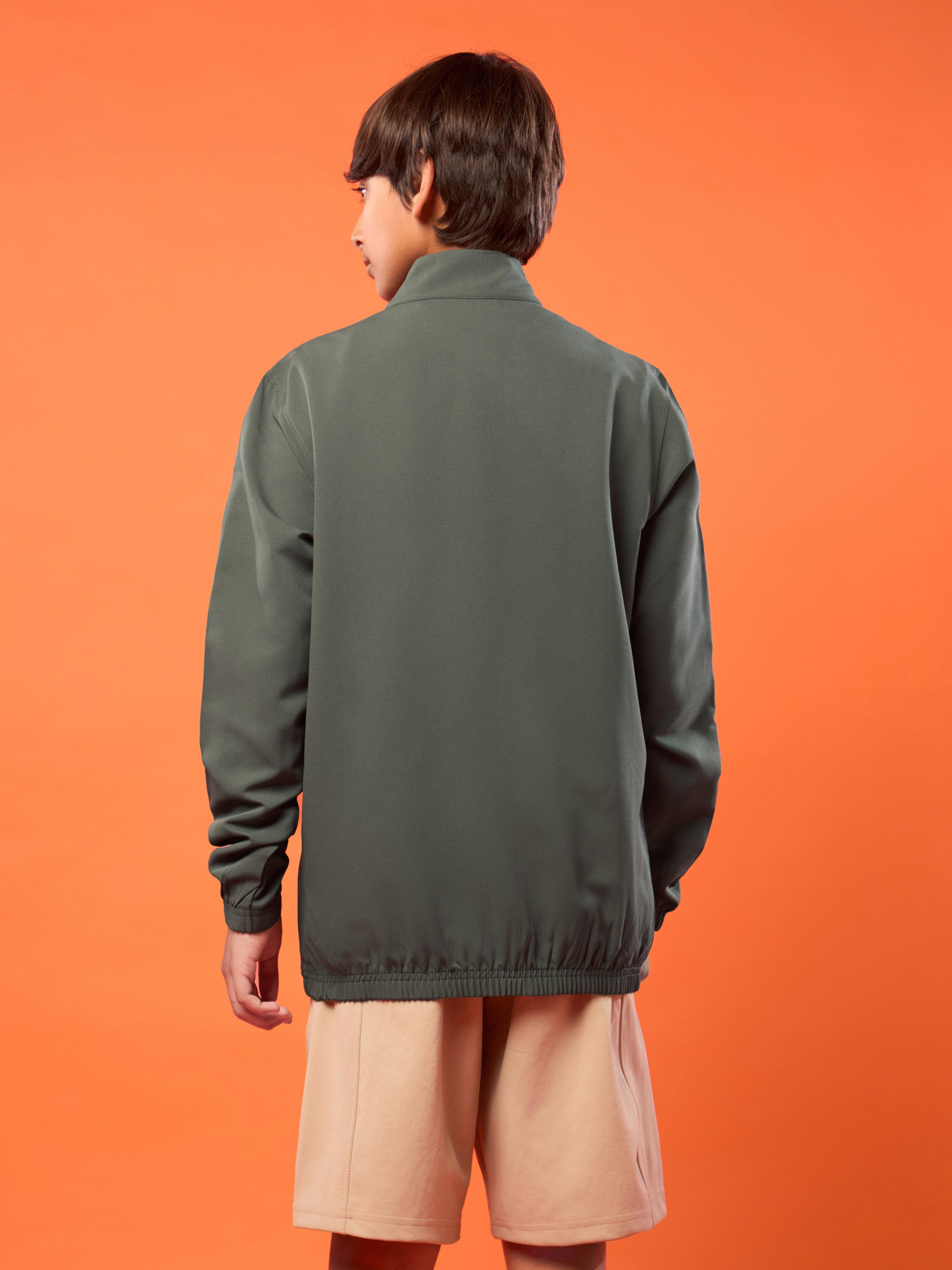 Boys Solid Slim Fit Mock Neck Sports Jacket with TECHNOLITE in Beetle - 3