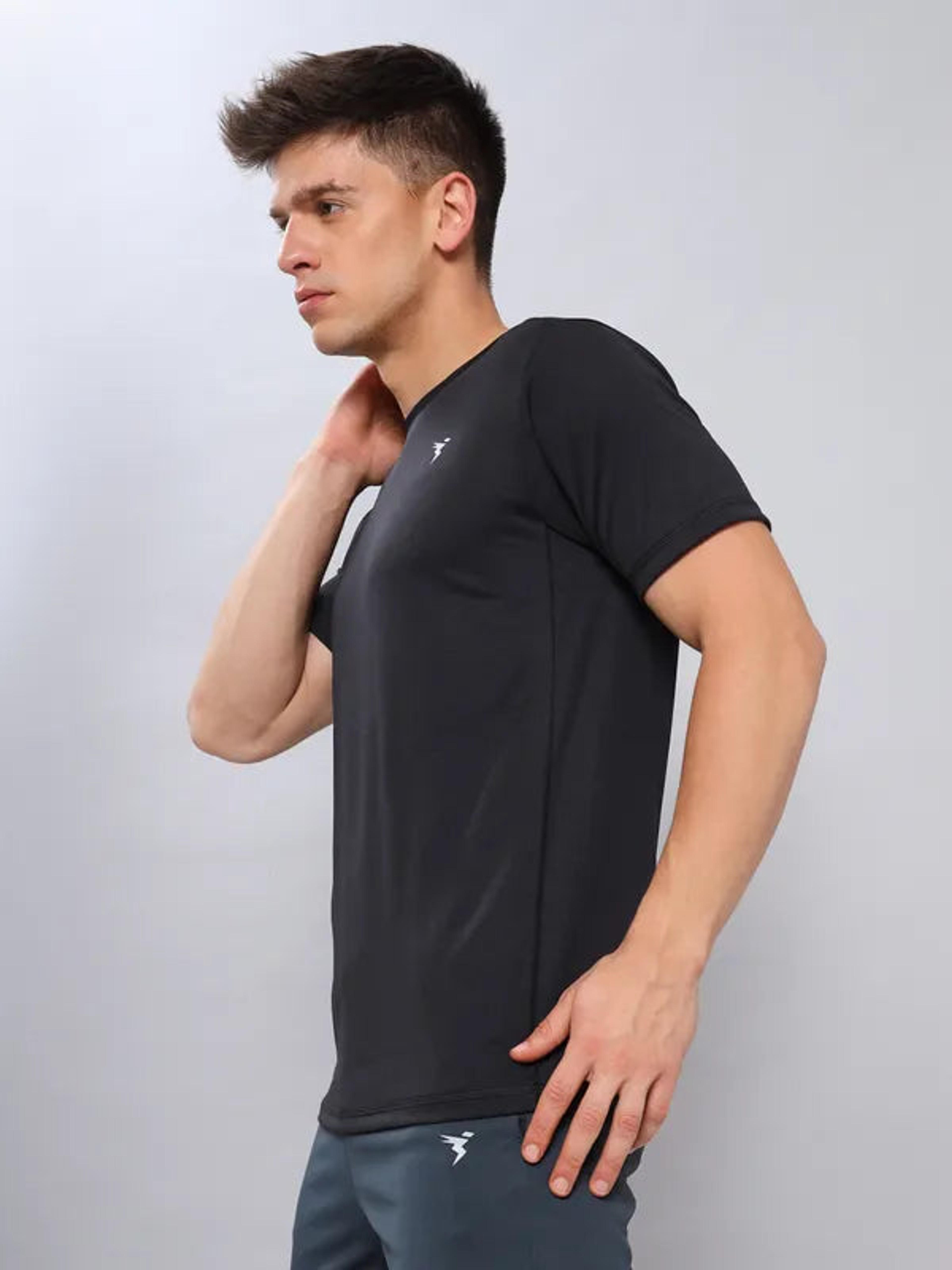 Men Solid Slim Fit Crew Neck T-shirt with TECHNO COOL+ in Black - 3
