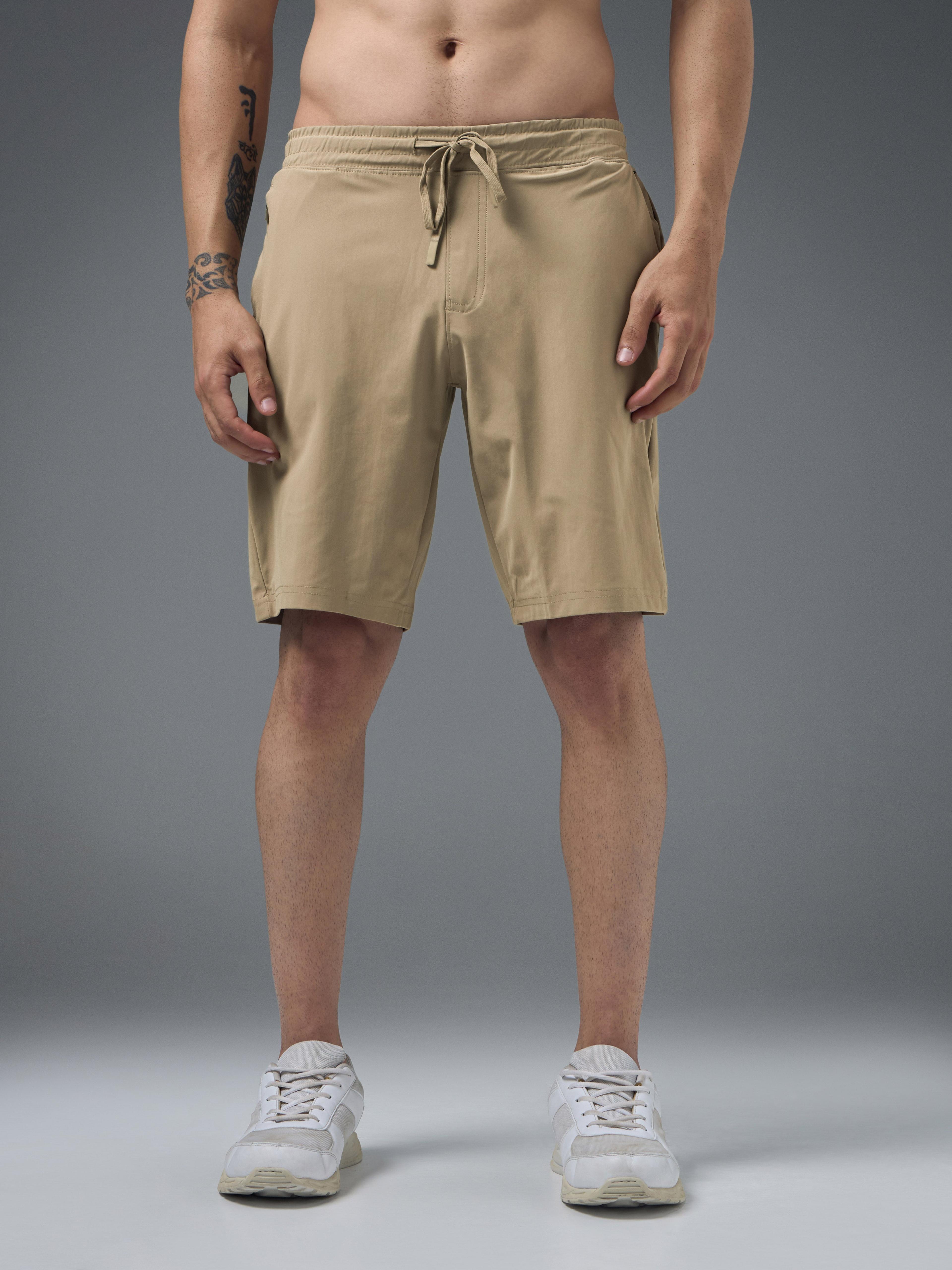 Men Solid Slim Fit Sports Shorts with DURACOOL in Khaki - 2