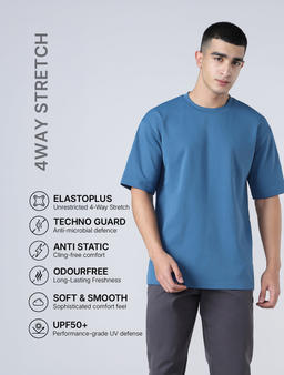 Men Solid  Oversized Crew Neck T-shirt with CLOUDFLEX in Horizon Blue - 3