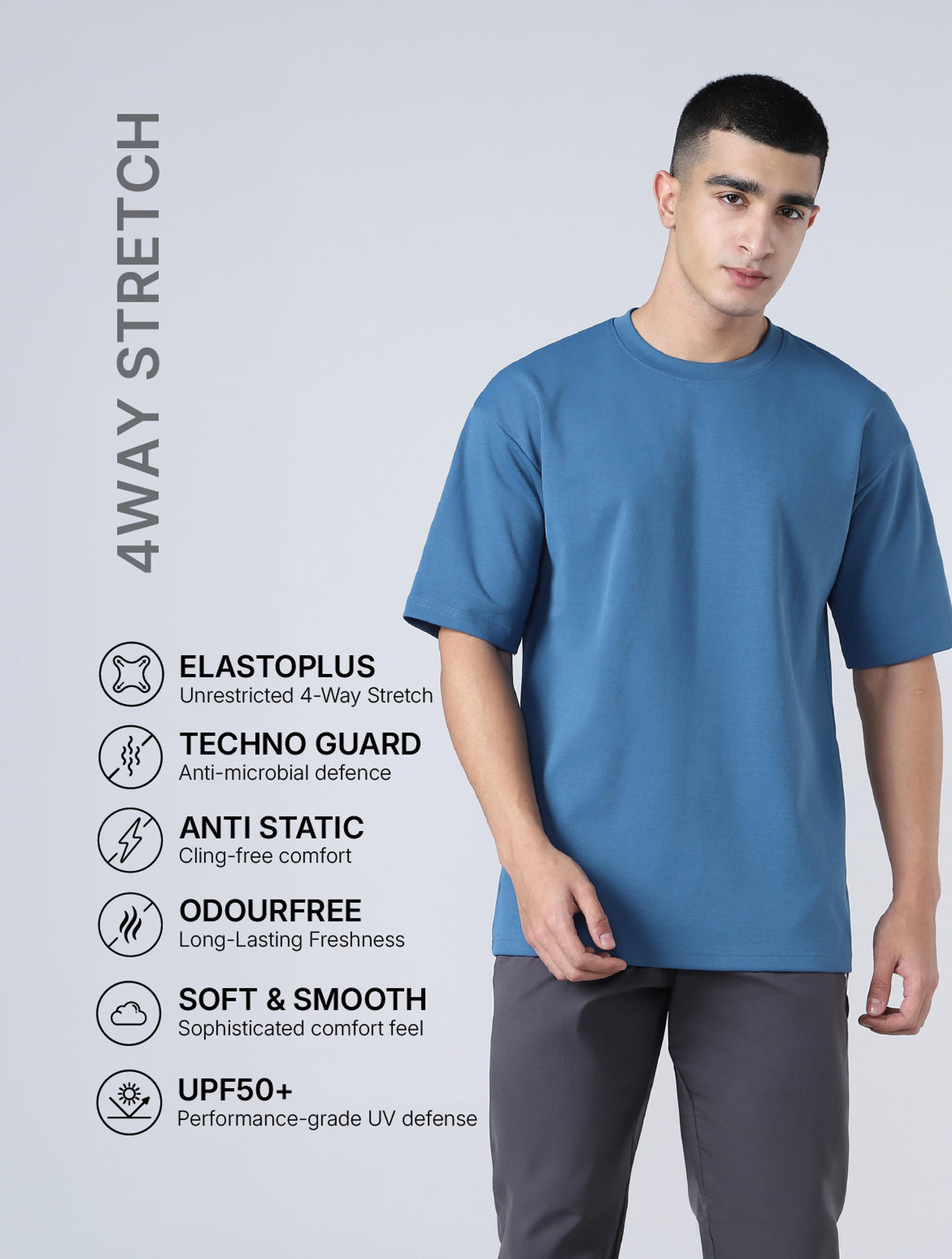 Men Solid  Oversized Crew Neck T-shirt with CLOUDFLEX in Horizon Blue - 3