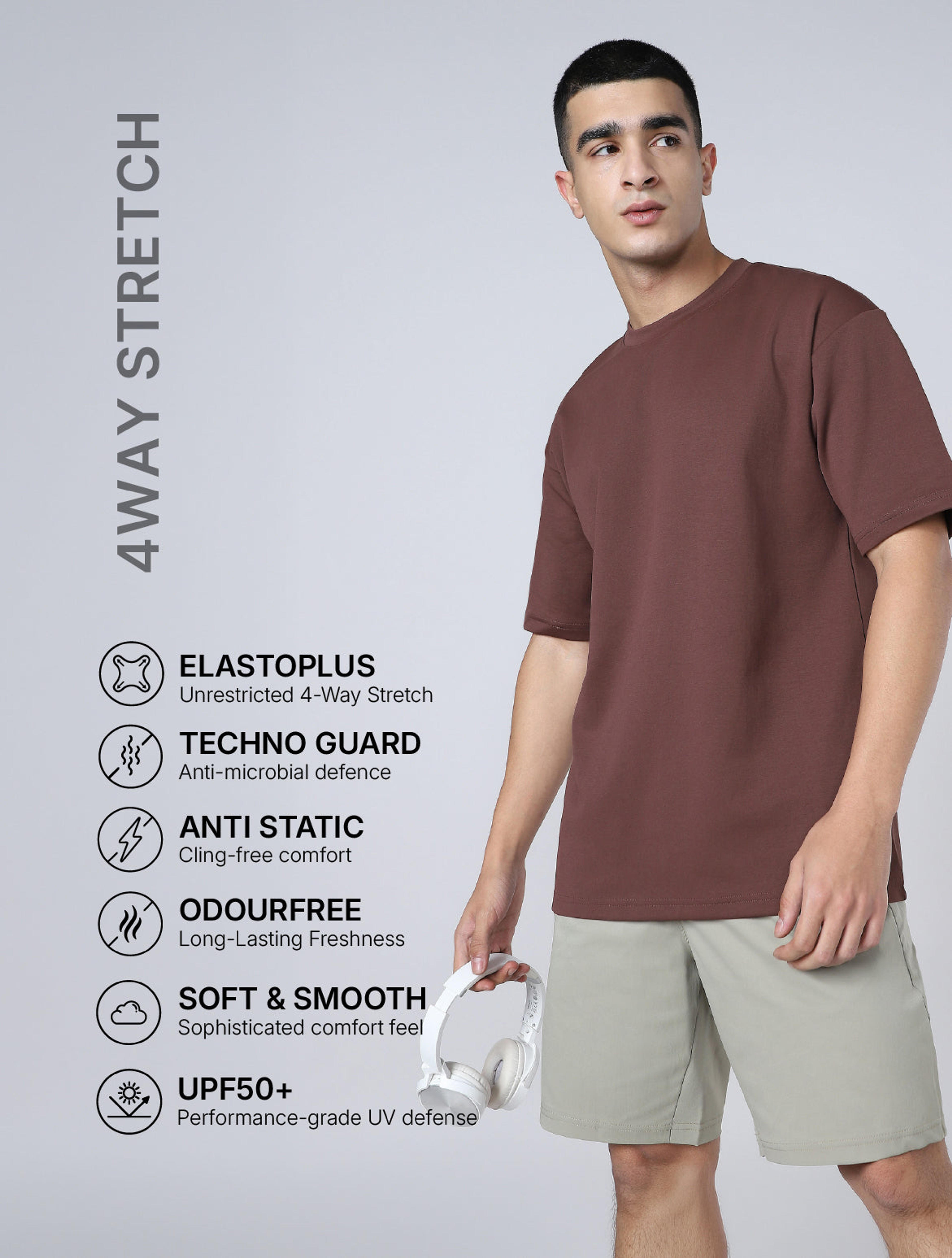 Men Solid  Oversized Crew Neck T-shirt with CLOUDFLEX in Chocolate A - 4