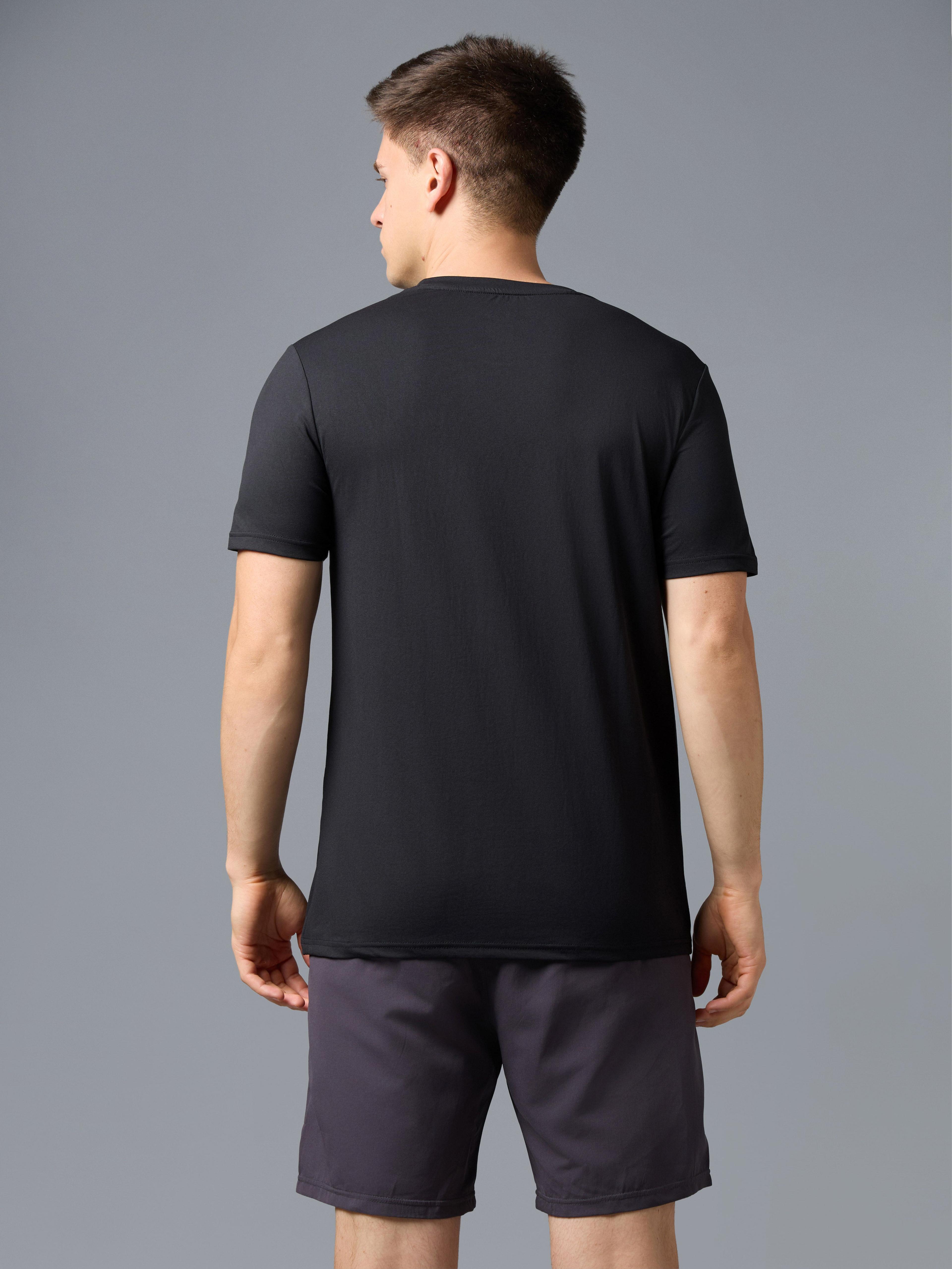 Men Printed Slim Fit Round Neck T-shirt with COTFLEX in Black - 3