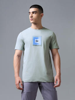 Men Printed Slim Fit Round Neck T-shirt with COTFLEX in Aqua Grey
