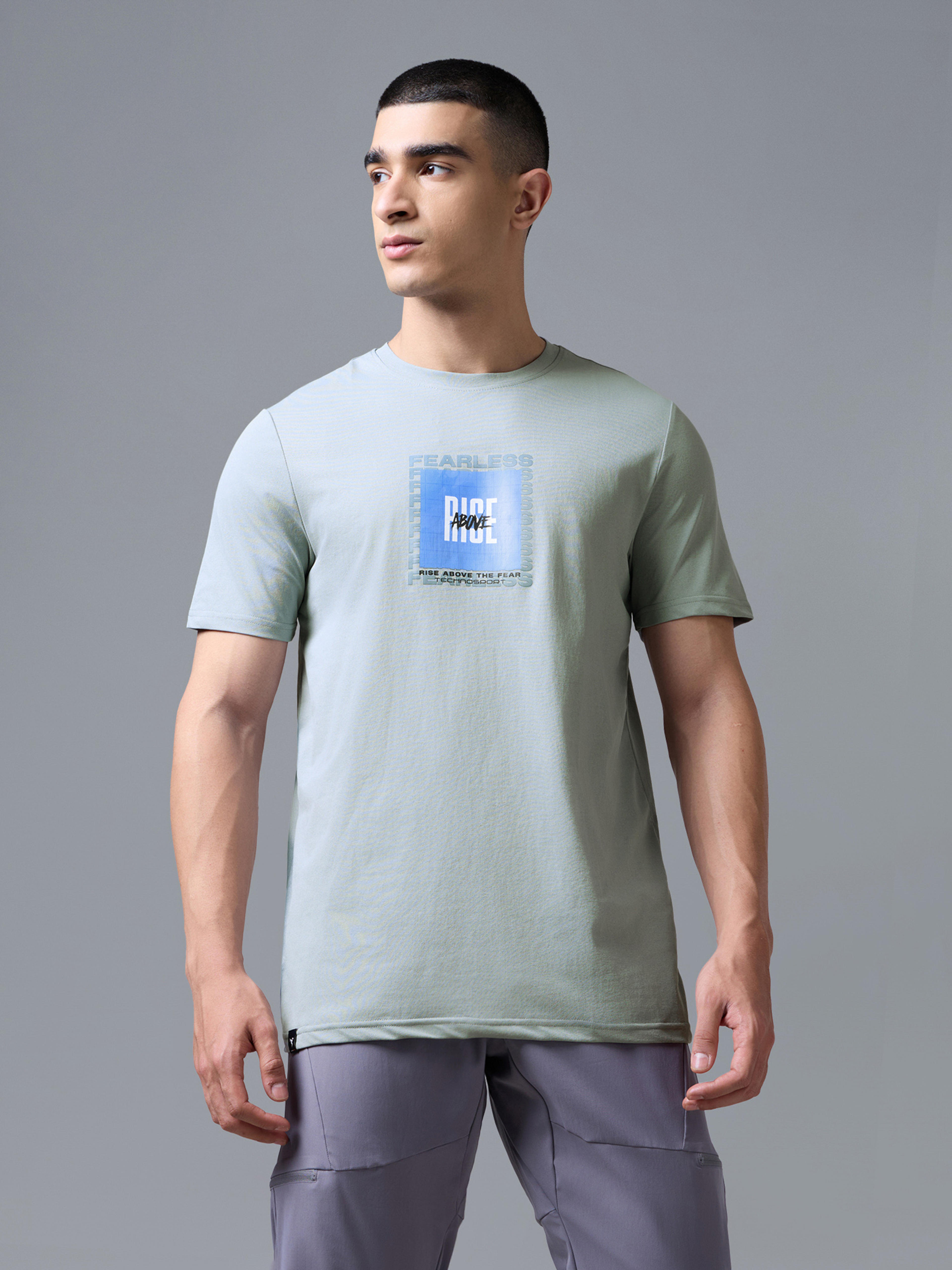 Men Printed Slim Fit Round Neck T-shirt with COTFLEX in Aqua Grey