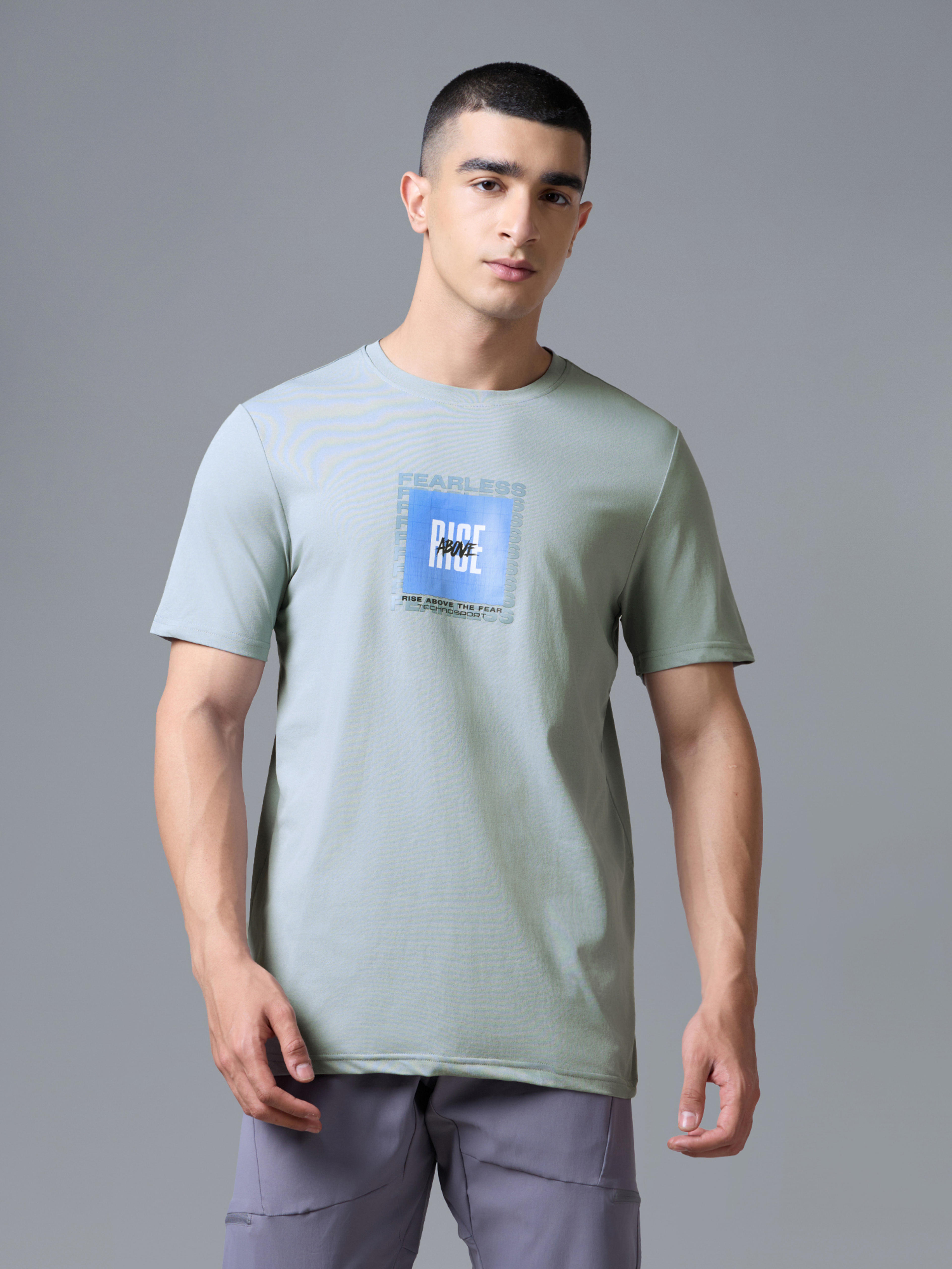 Men Printed Slim Fit Round Neck T-shirt with COTFLEX in Aqua Grey - 2