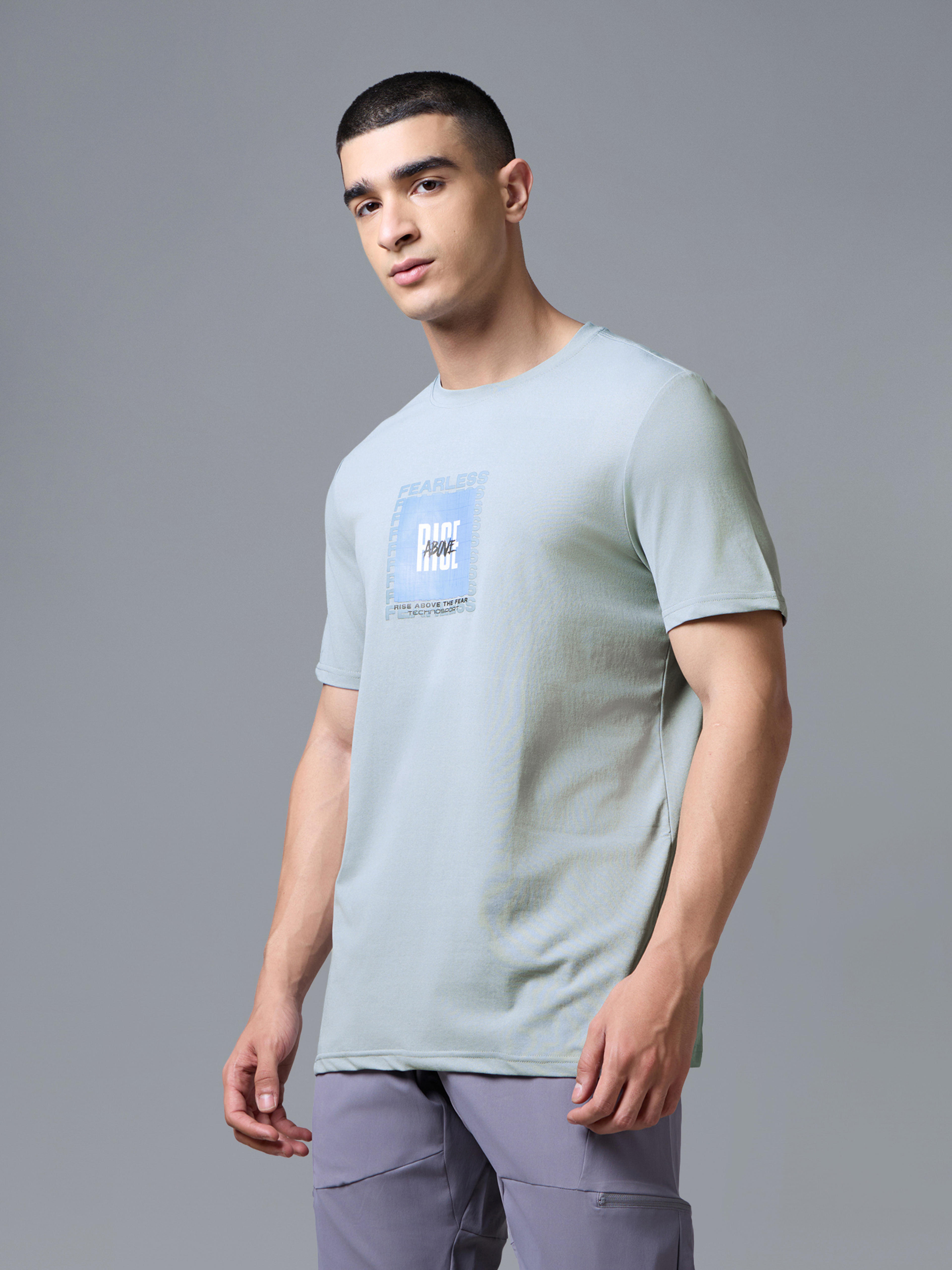Men Printed Slim Fit Round Neck T-shirt with COTFLEX in Aqua Grey - 5