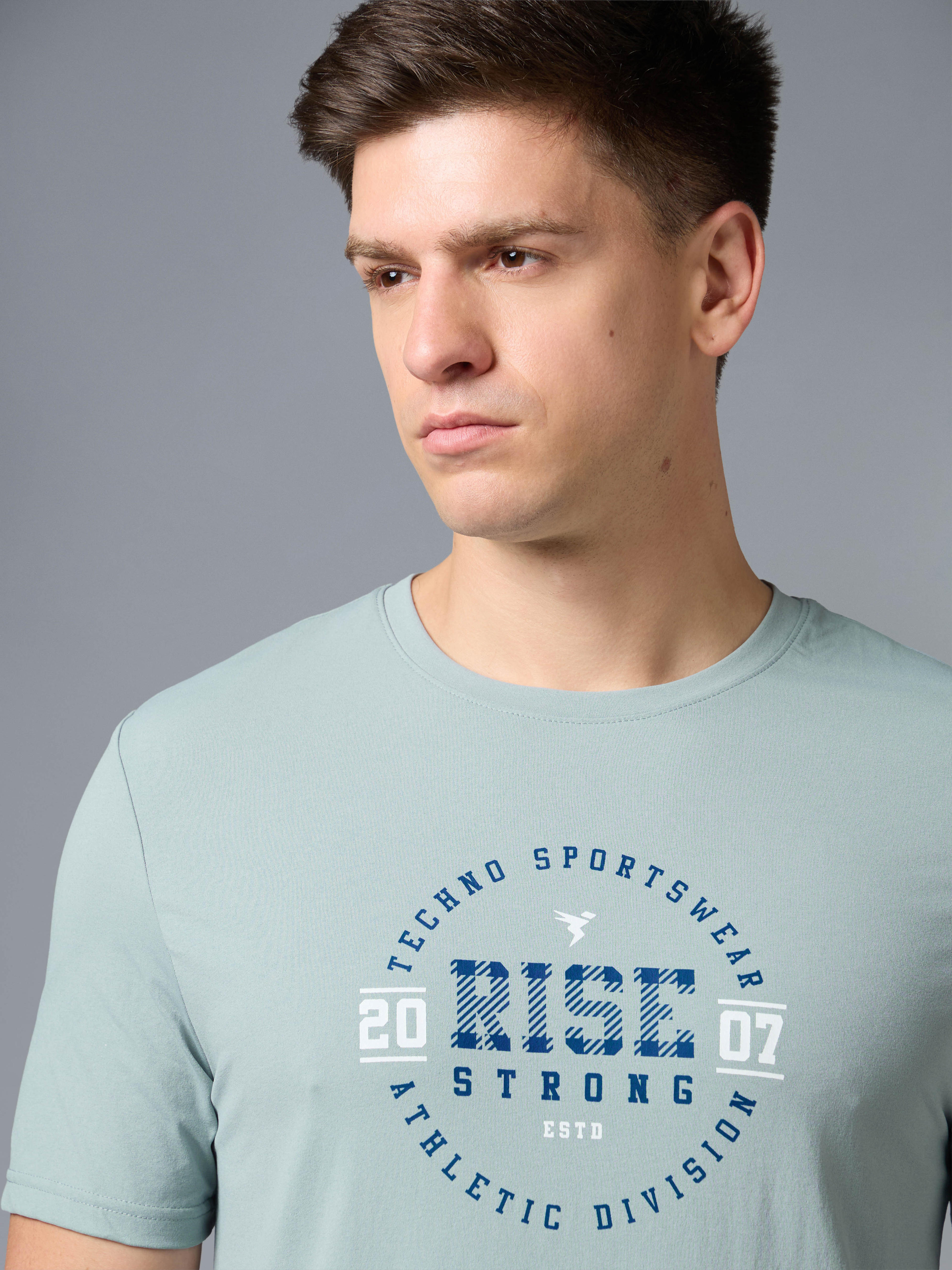 Men Printed Slim Fit Round Neck T-shirt with COTFLEX in Aqua Grey - 4