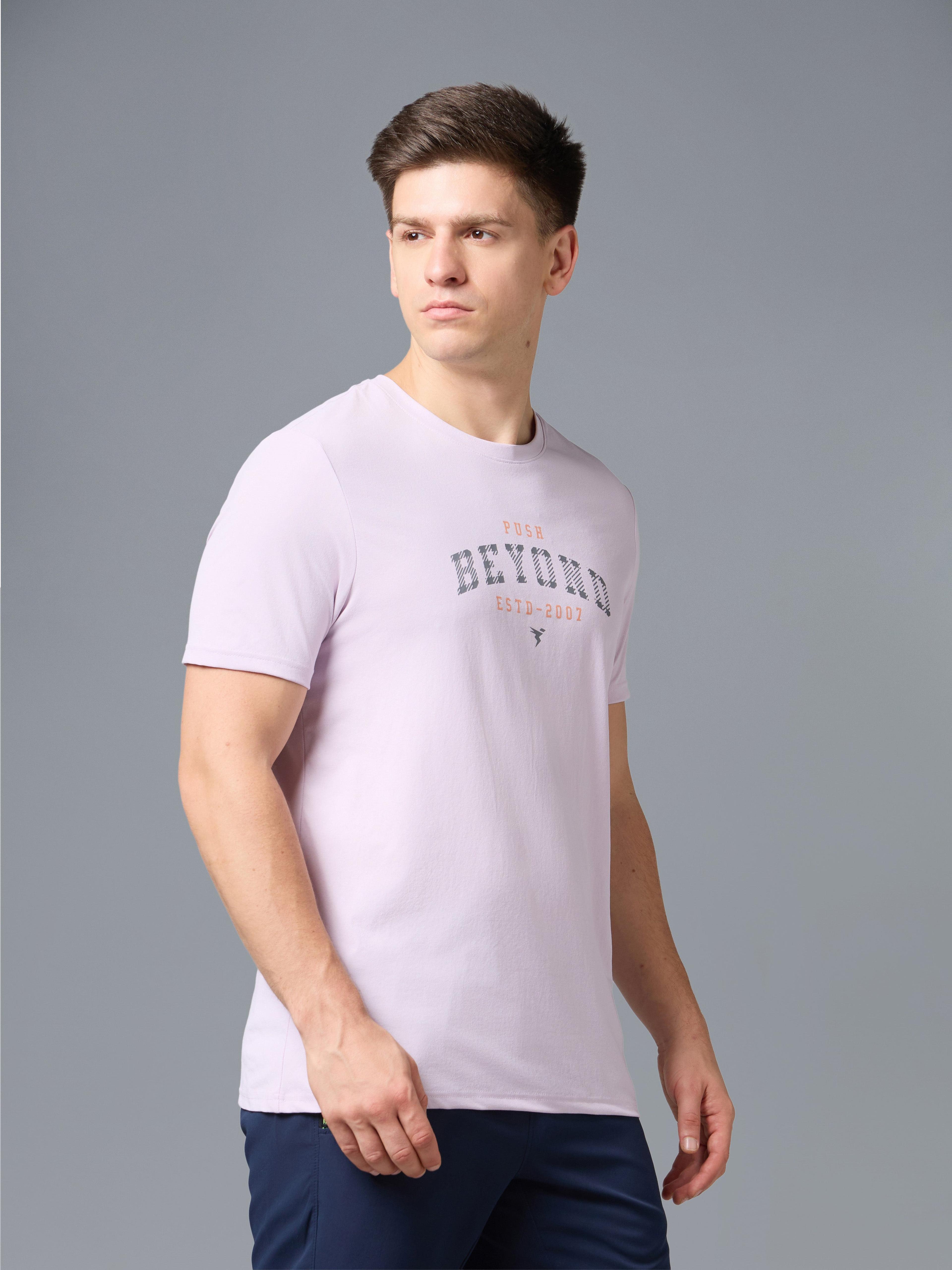 Men Printed Slim Fit Round Neck T-shirt with COTFLEX in Lilac - 5