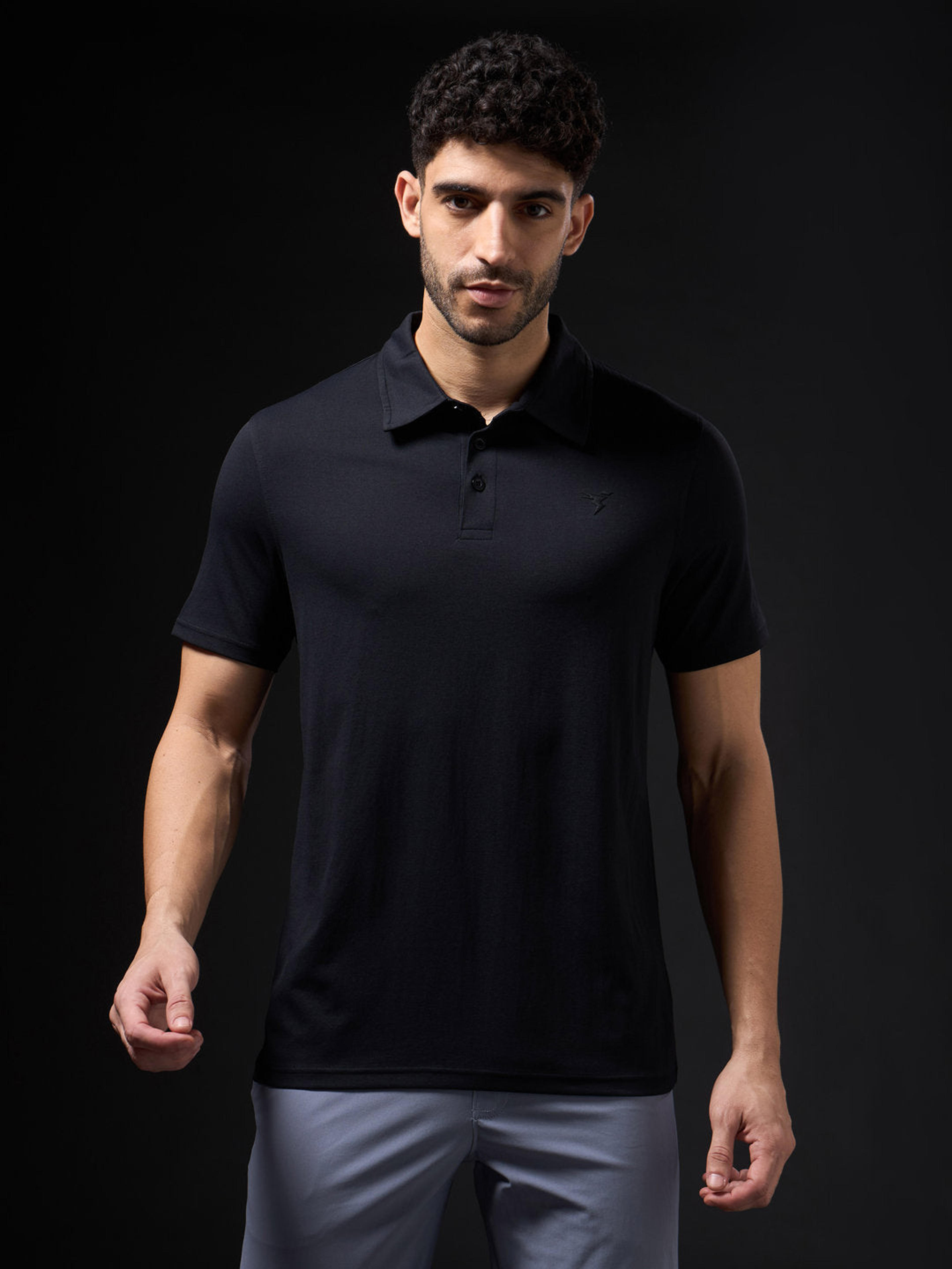 Men Solid Slim Fit Polo T-shirt with COTFLEX in Black - 2