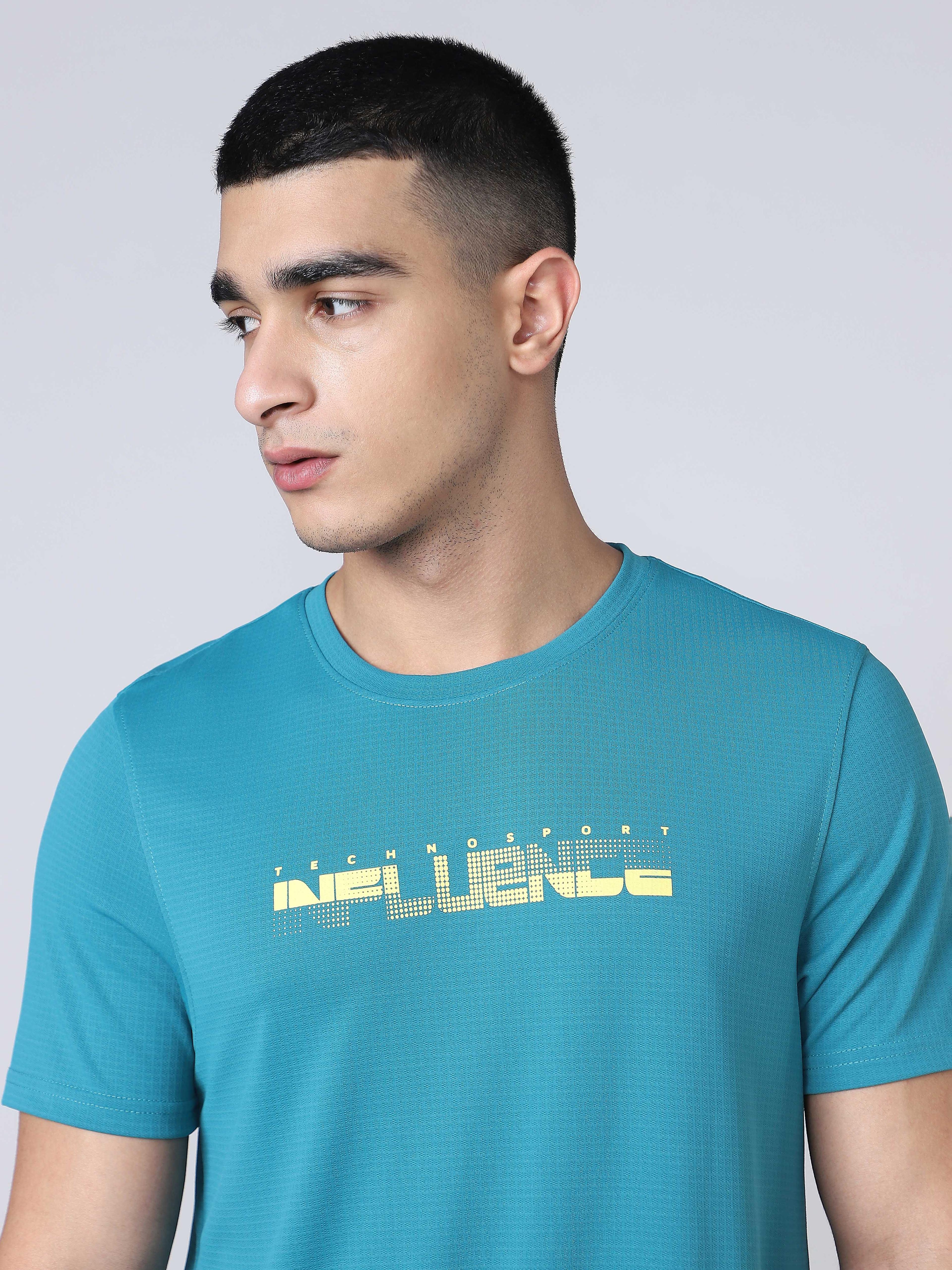 Men Printed Regular Fit Crew Neck T-shirt with TECHNO COOL+ in Teal - 7
