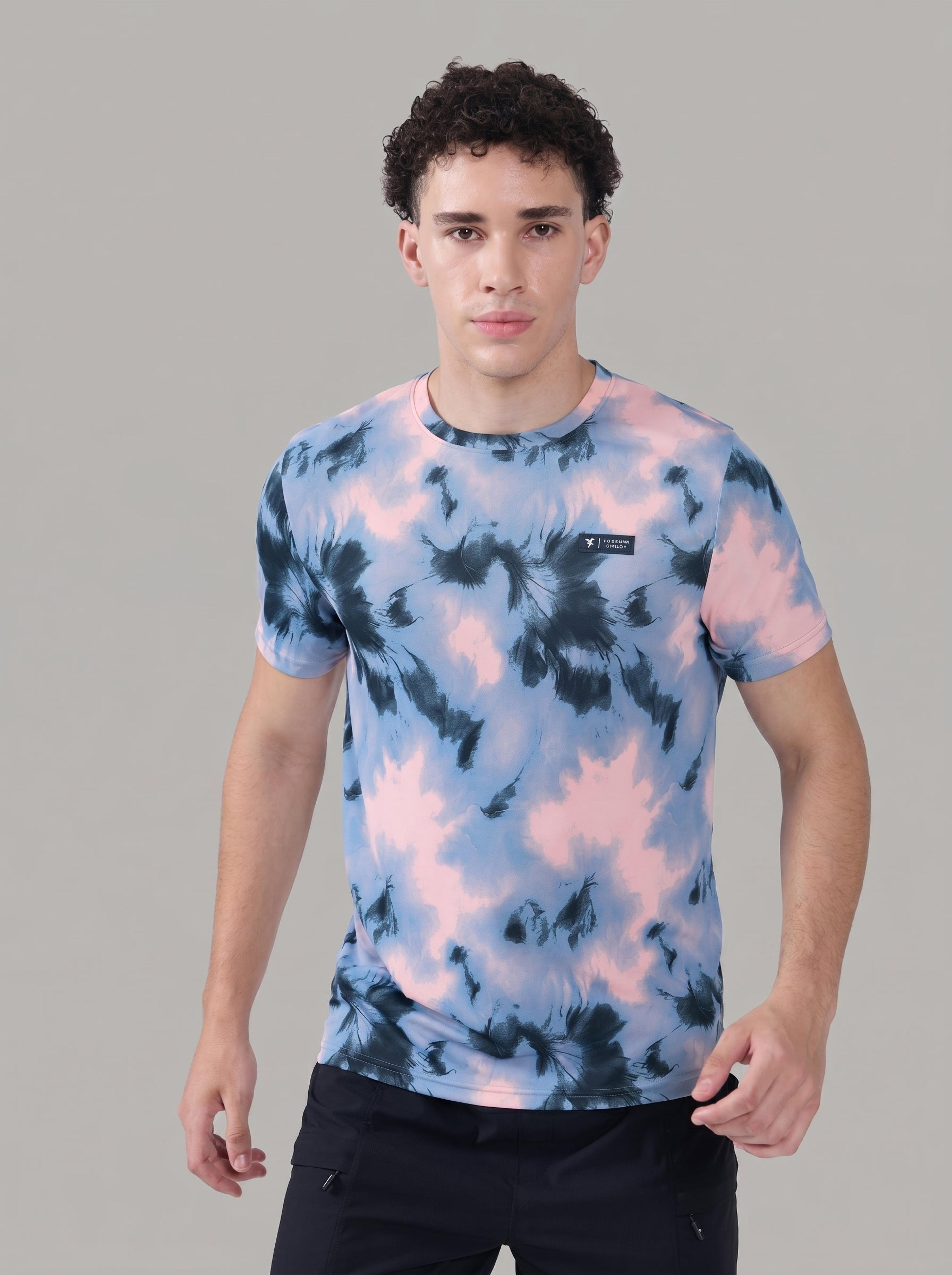 Men Abstract Print Slim Fit Round Neck Sports T-shirt with TECHNOCOOL+ in Indigo Bloom - 2