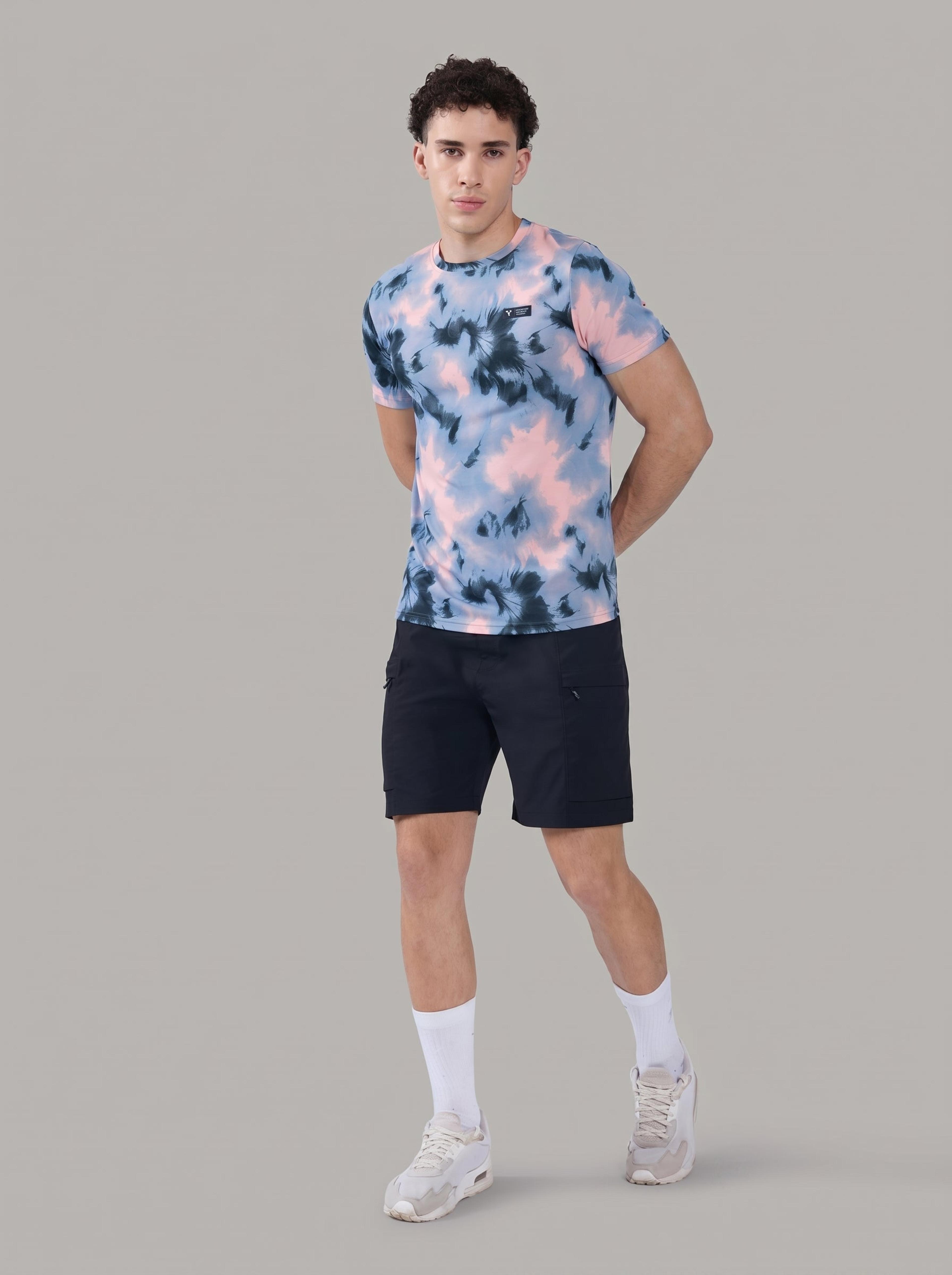 Men Abstract Print Slim Fit Round Neck Sports T-shirt with TECHNOCOOL+ in Indigo Bloom - 8