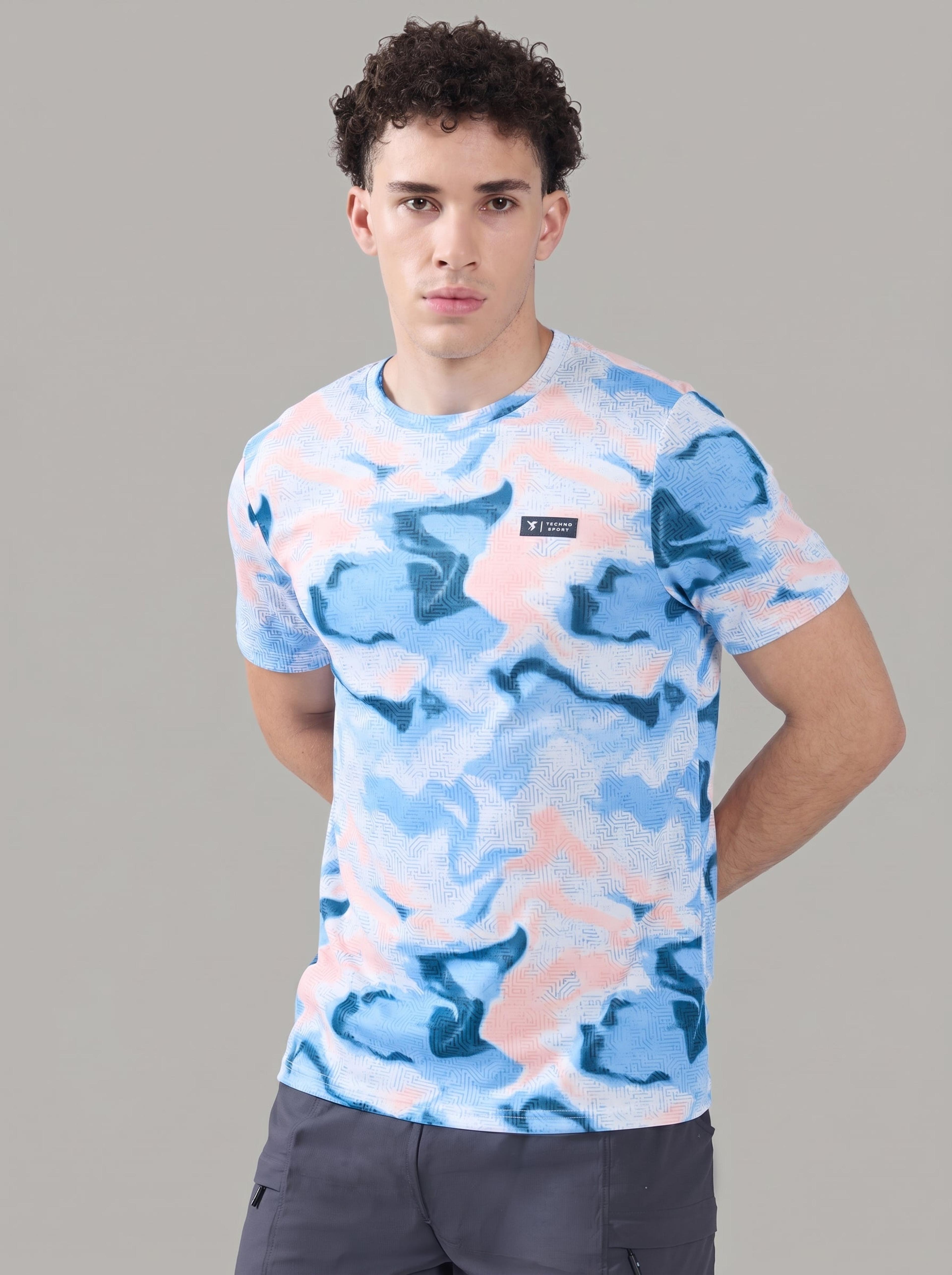 Men Abstract Print Slim Fit Round Neck Sports T-shirt with TECHNOCOOL+ in Azure Glow - 2