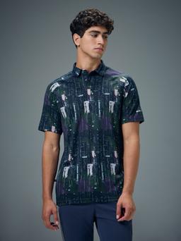Men Printed Slim Fit Polo T-shirt with TECHNOCOOL+ in Blue Amorphous - 2