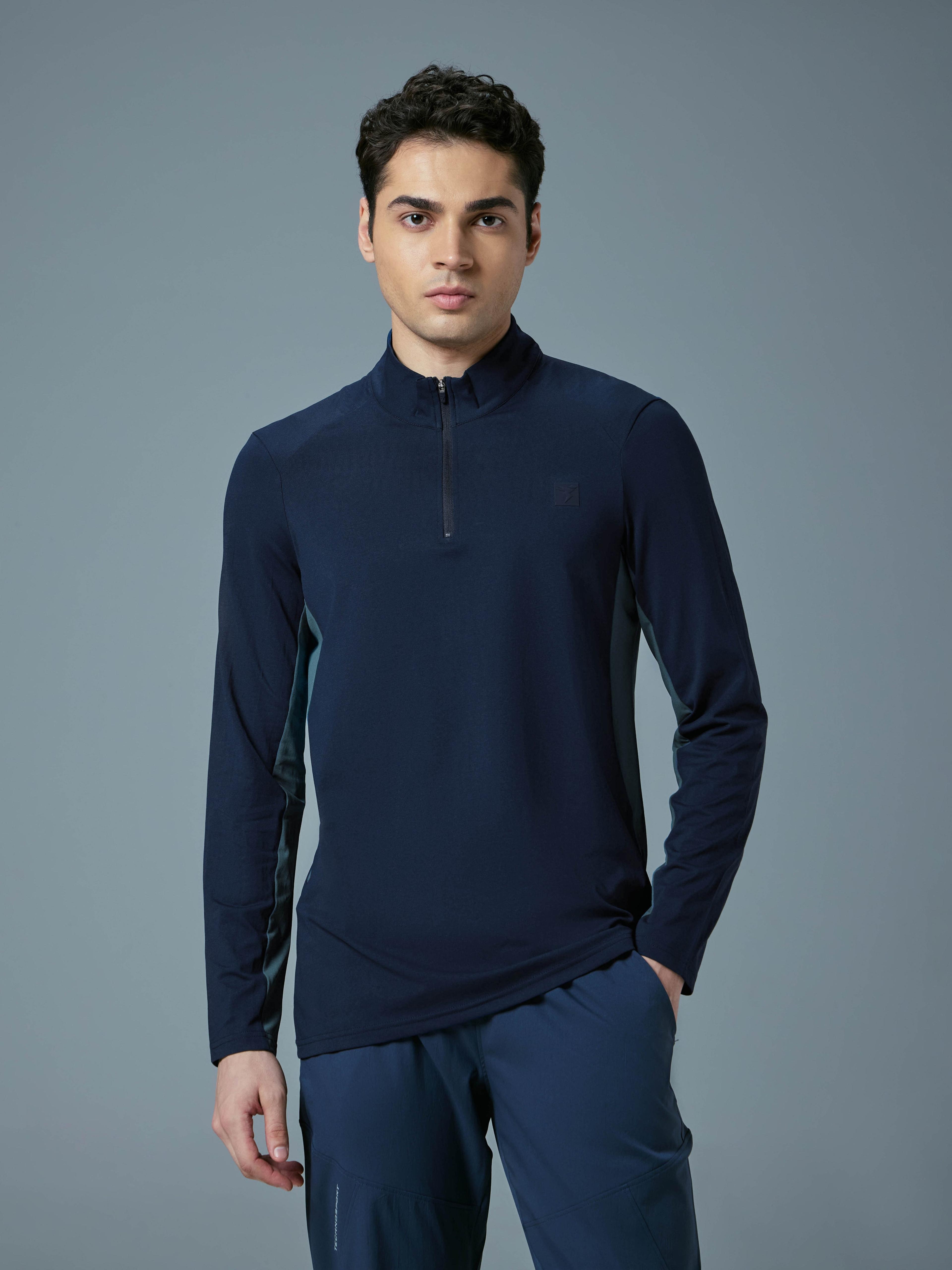 Men Colorblock Slim Fit Mock Neck Sports T-shirt with COTFLEX in Navy - 2