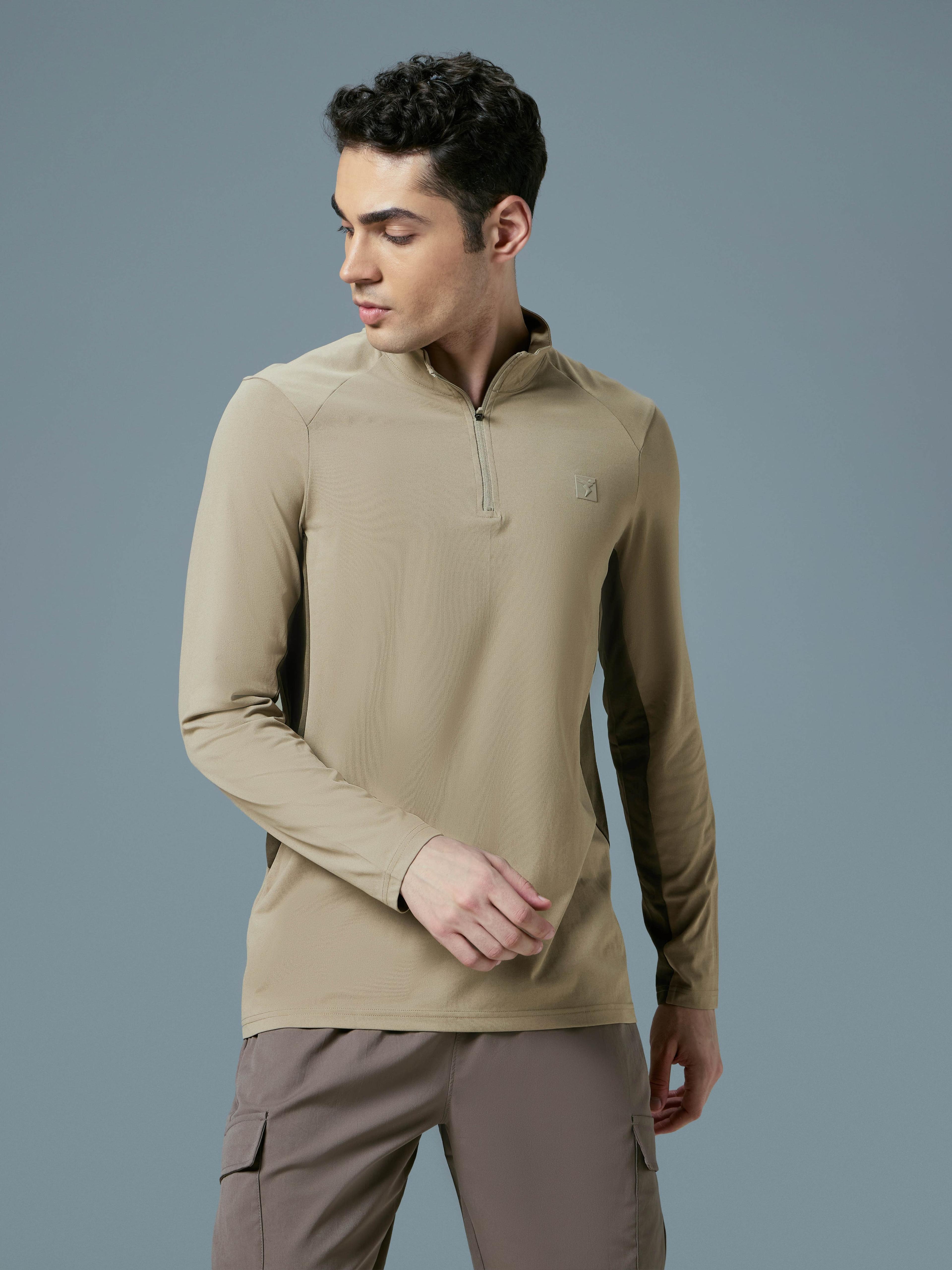 Men Colorblock Slim Fit Mock Neck Sports T-shirt with COTFLEX in Khaki - 2