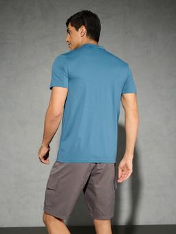 Men Solid Slim Fit Mock Neck T-shirt with COTFLEX in Horizon Blue - 3