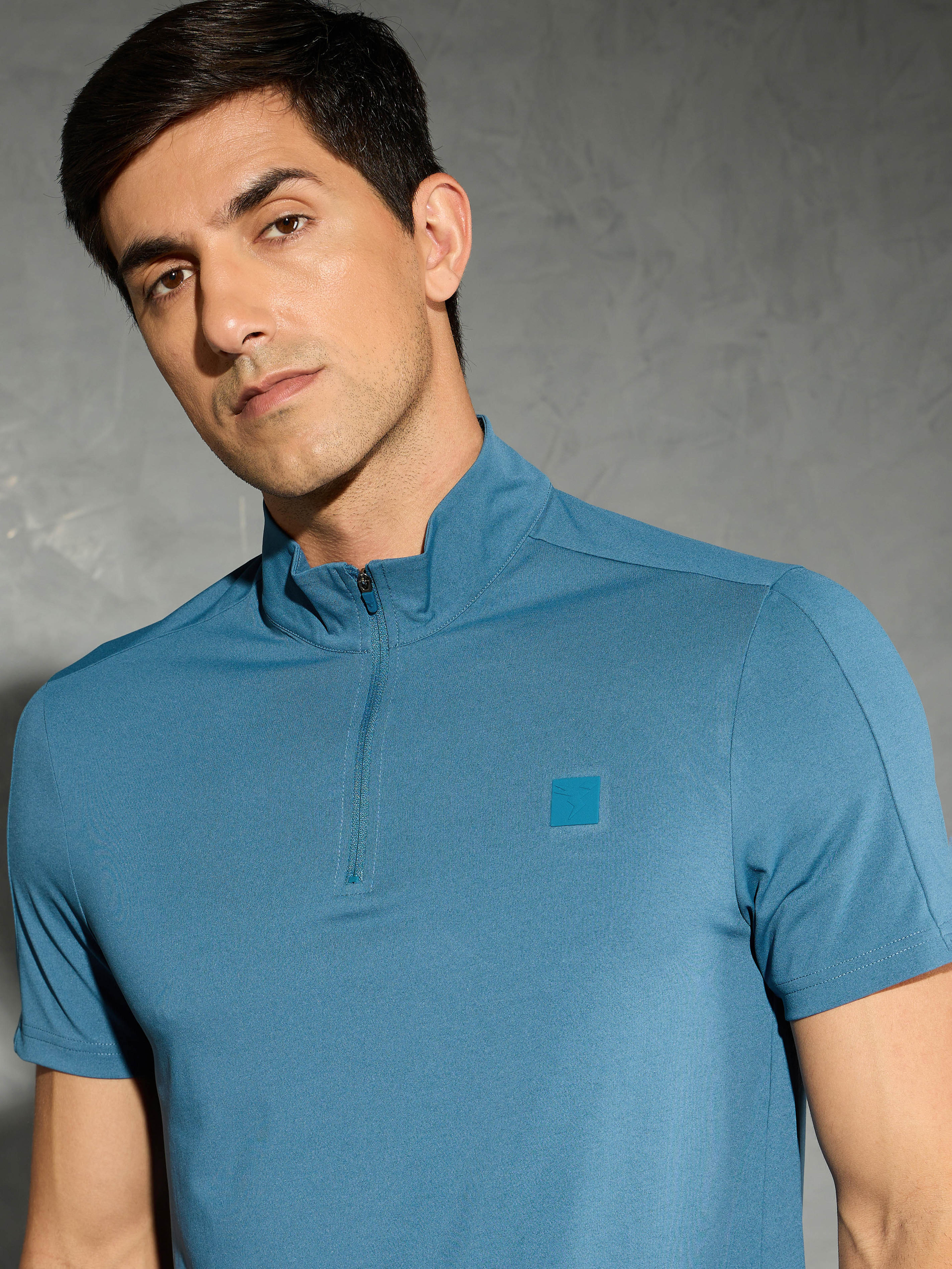 Men Solid Slim Fit Mock Neck T-shirt with COTFLEX in Horizon Blue - 6