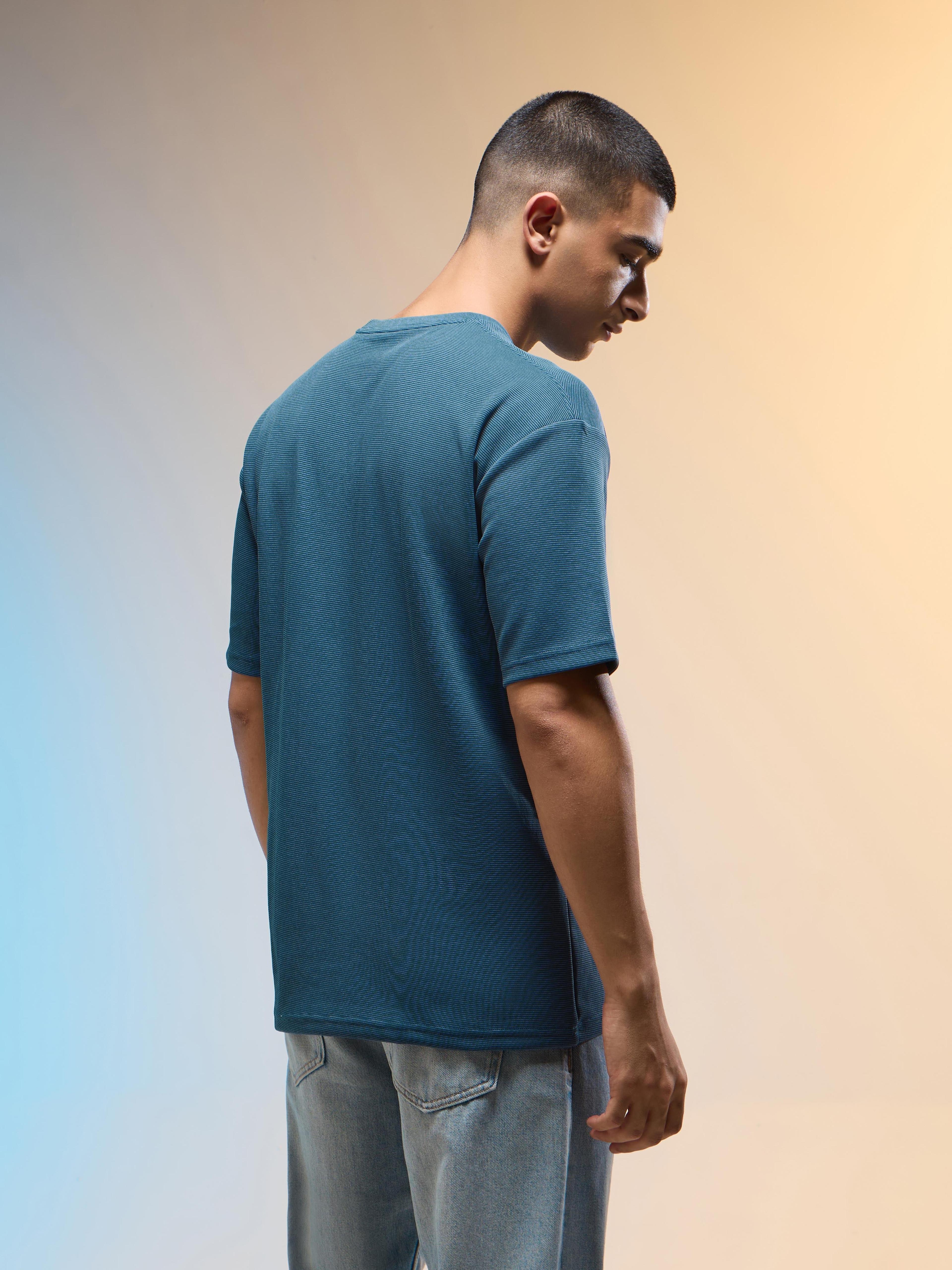 Men Printed Oversized Round Neck T-shirt with COTFLEX in Horizon Blue - 3