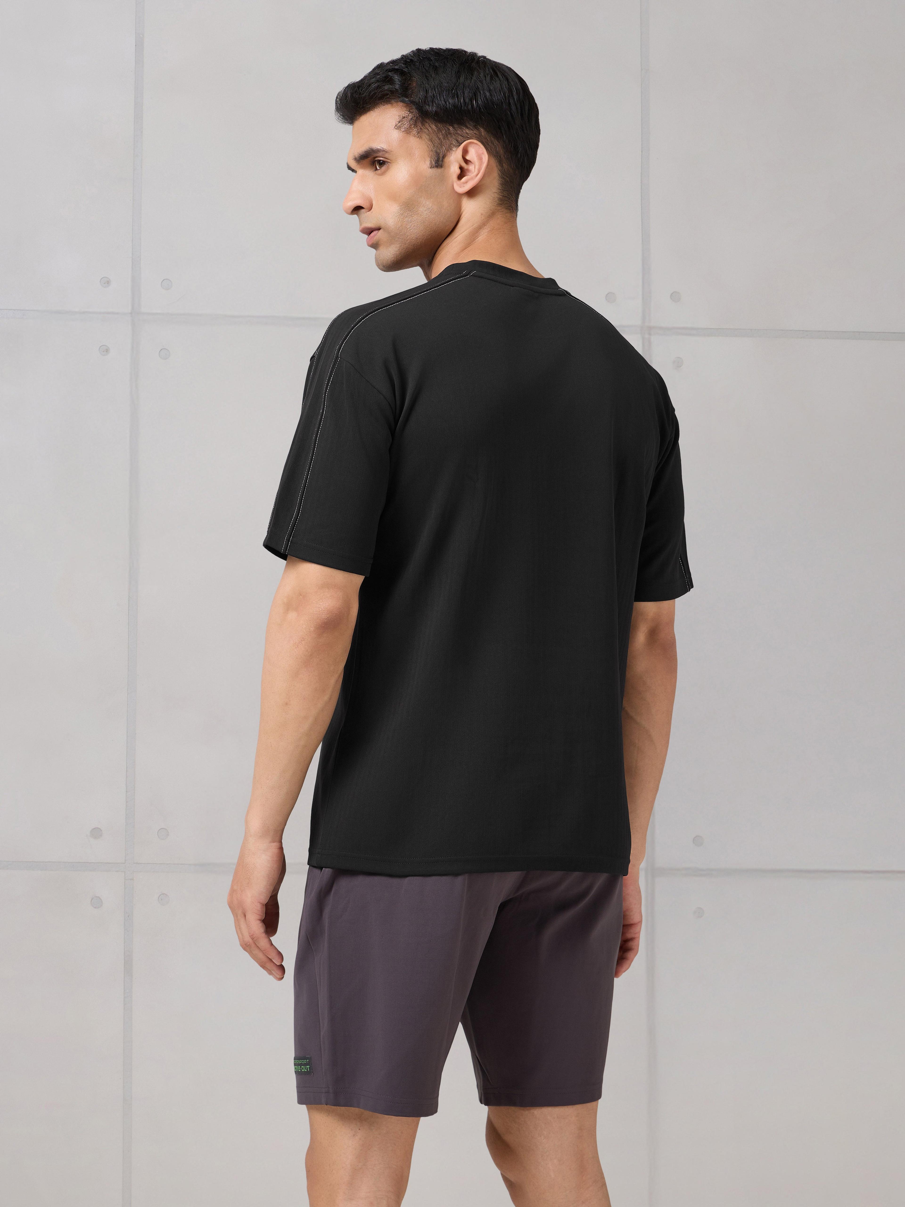 Men Round Neck Self Design Active Out Regular Fit T-Shirt with ELASTOPLUS in Black - 3