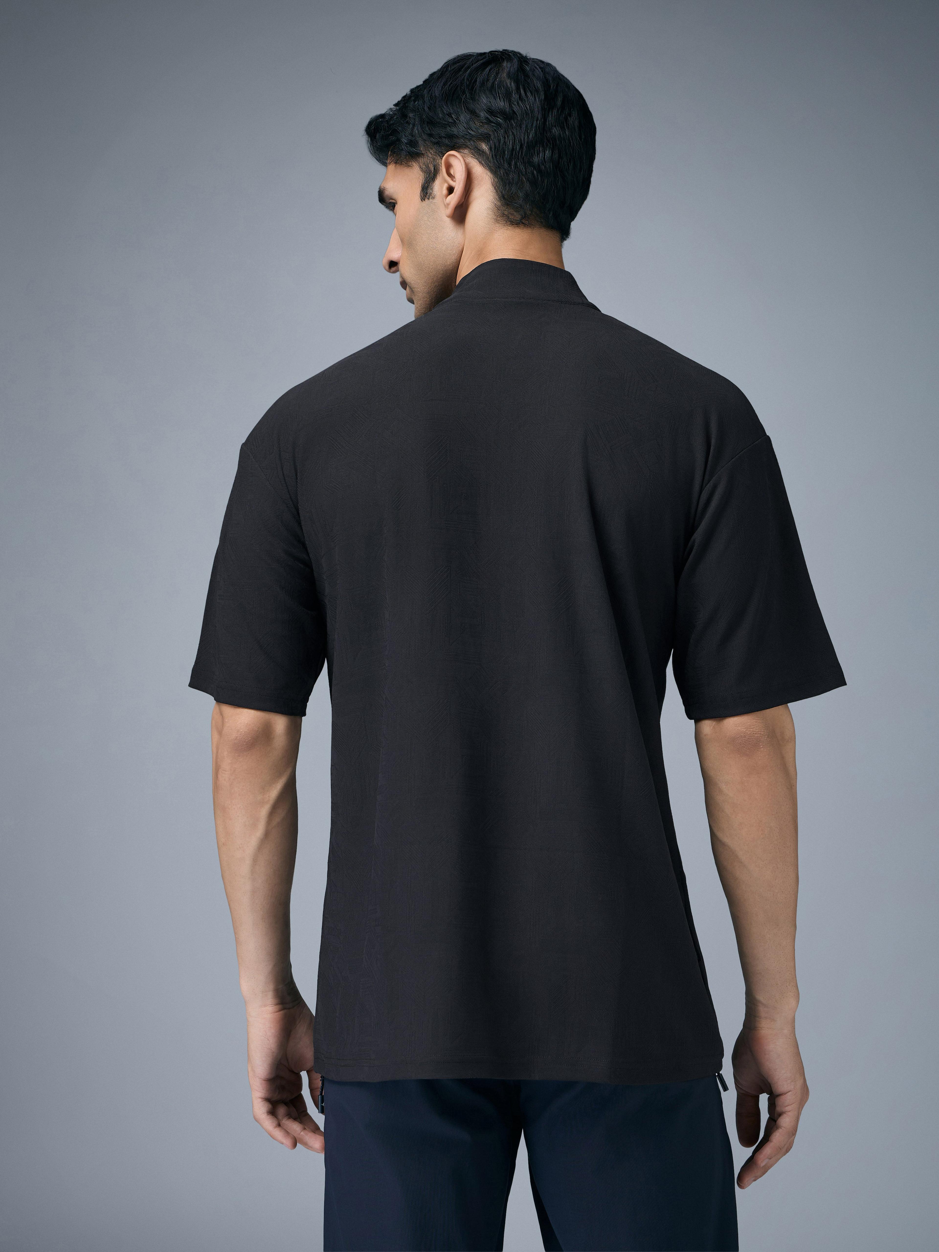 Men Mock Neck Self Design Oversized Active Out T-shirt with MATPIQ in Black - 3