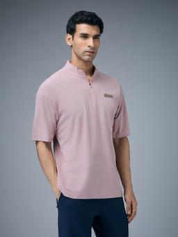Men Mock Neck Self Design Oversized Active Out T-shirt with MATPIQ in Dusty Pink - 4