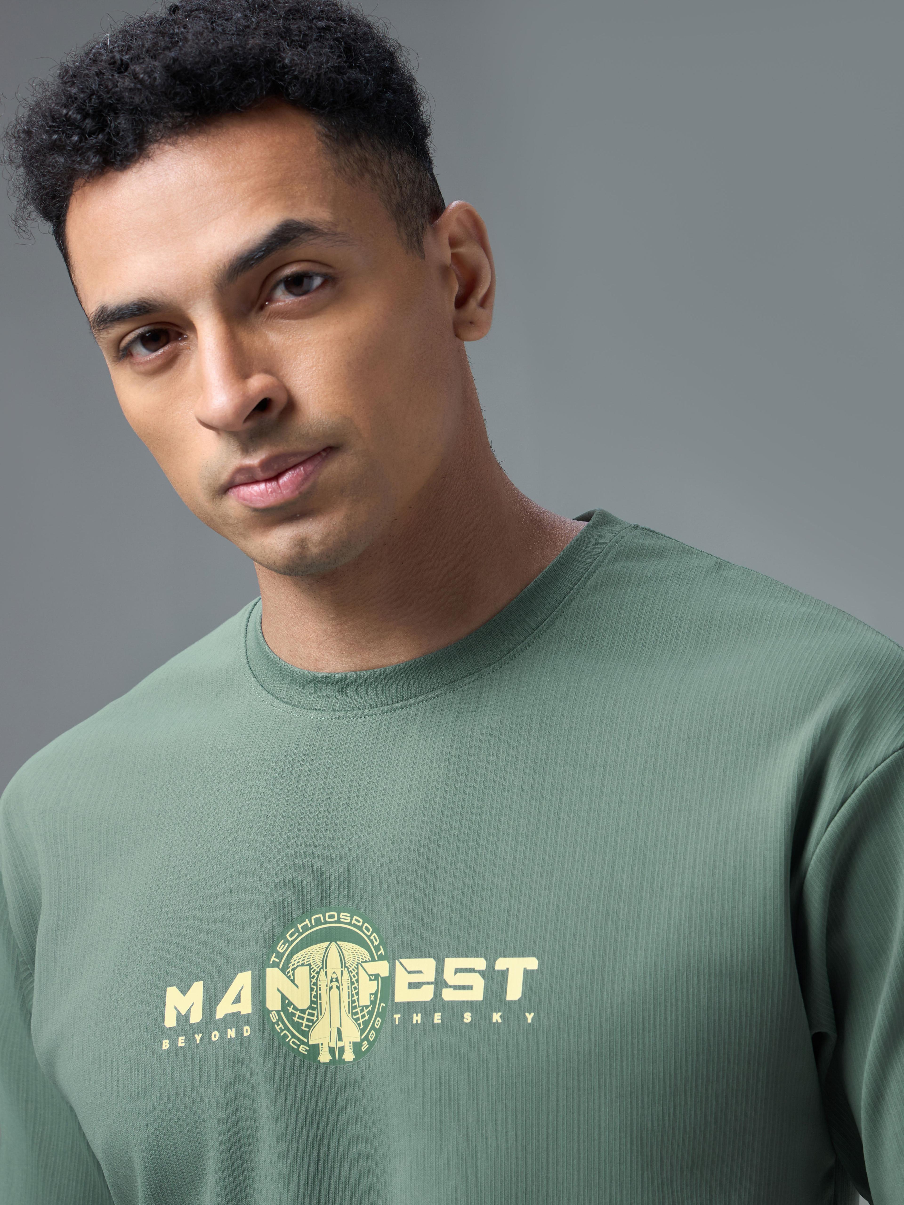 Men Round Neck Typography Printed Active Out Slim Fit T-Shirt with ELASTOPLUS in Myrtle - 6