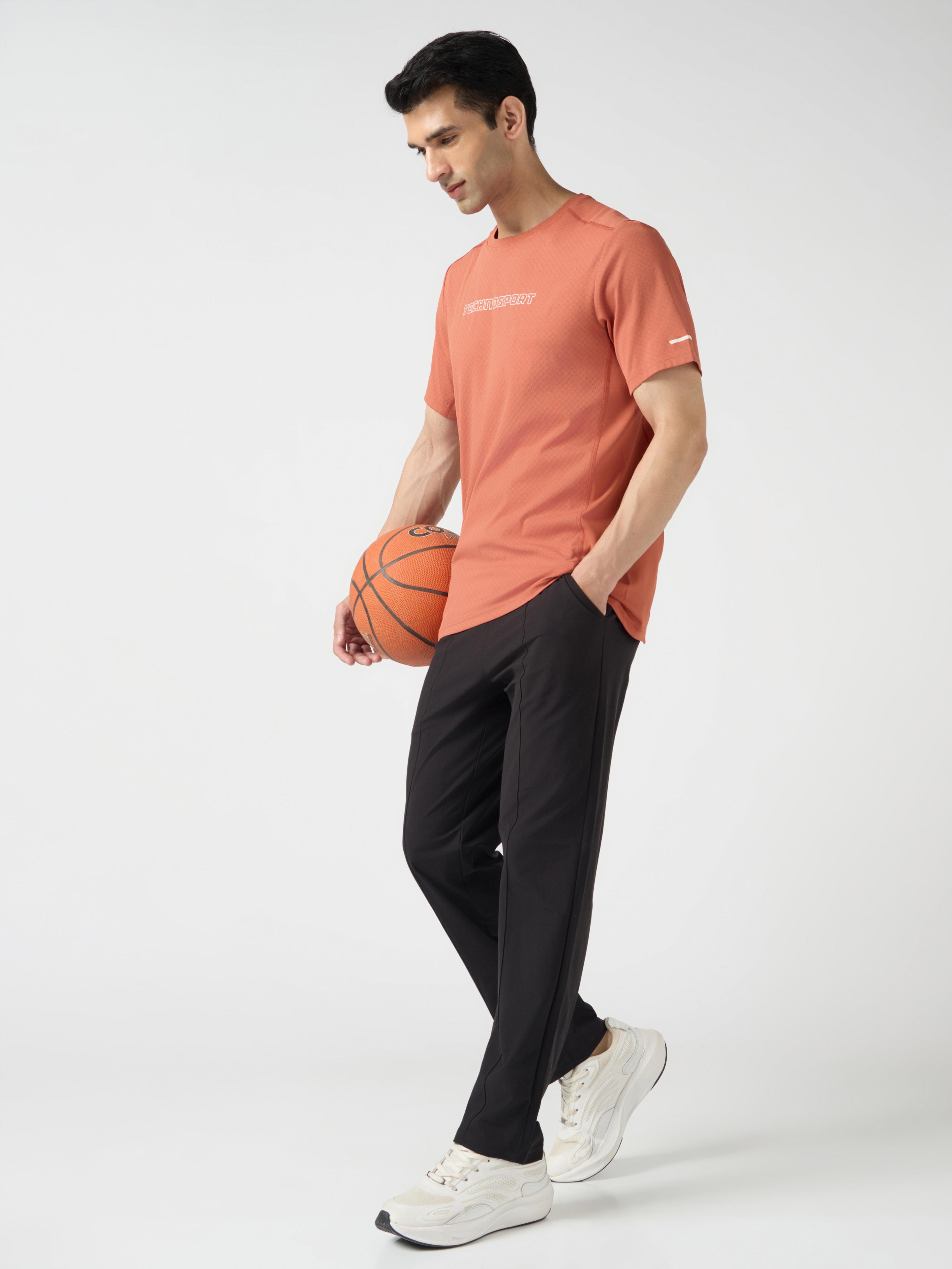 Men Printed Slim Fit Henley Neck Sports T-Shirt with ELASTOLITE in Chilli Flakes - 6