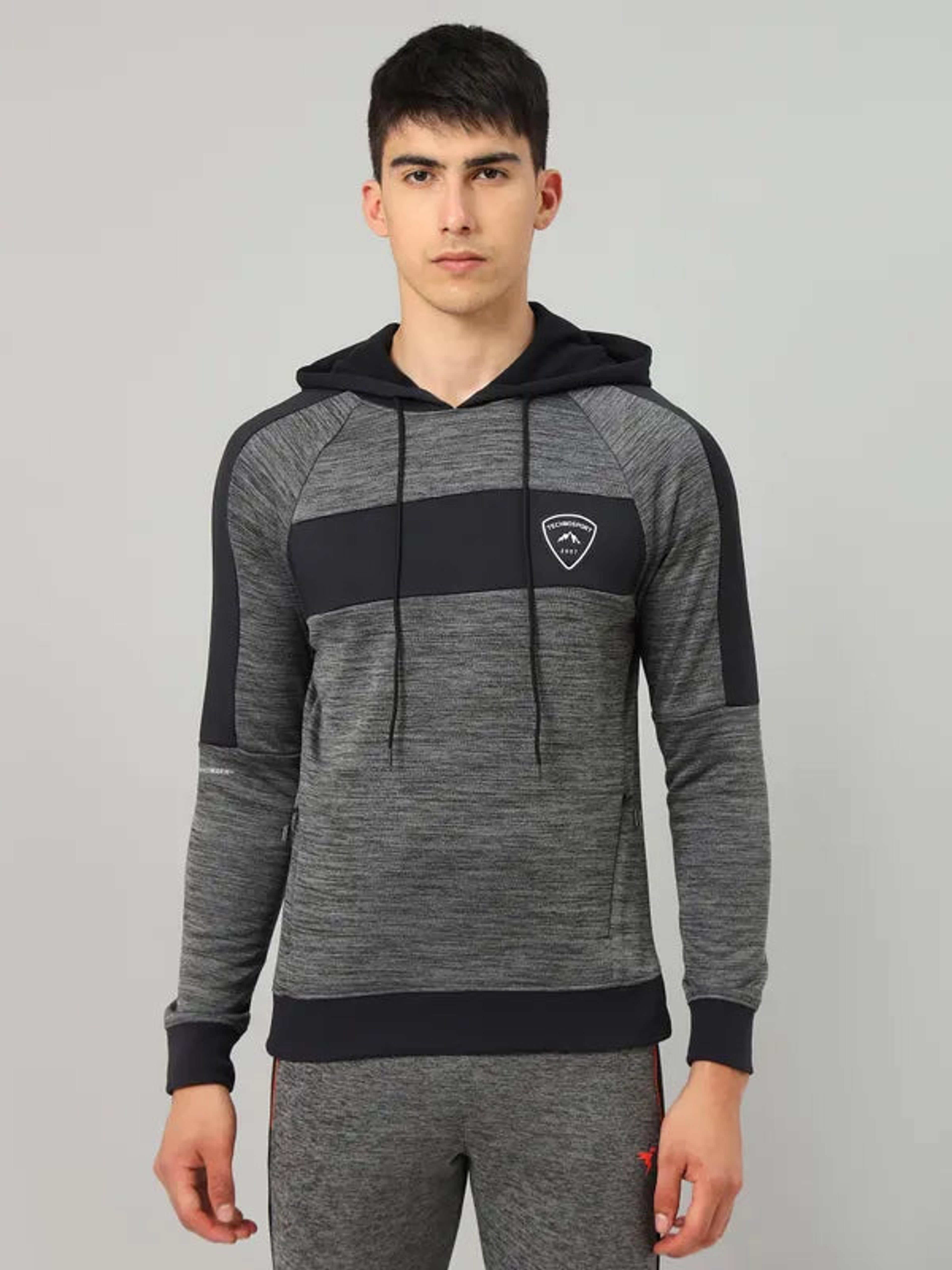Men Melange Slim Fit Hooded Sweatshirt  with TECHNO GUARD in Light Carbon Melange - 3