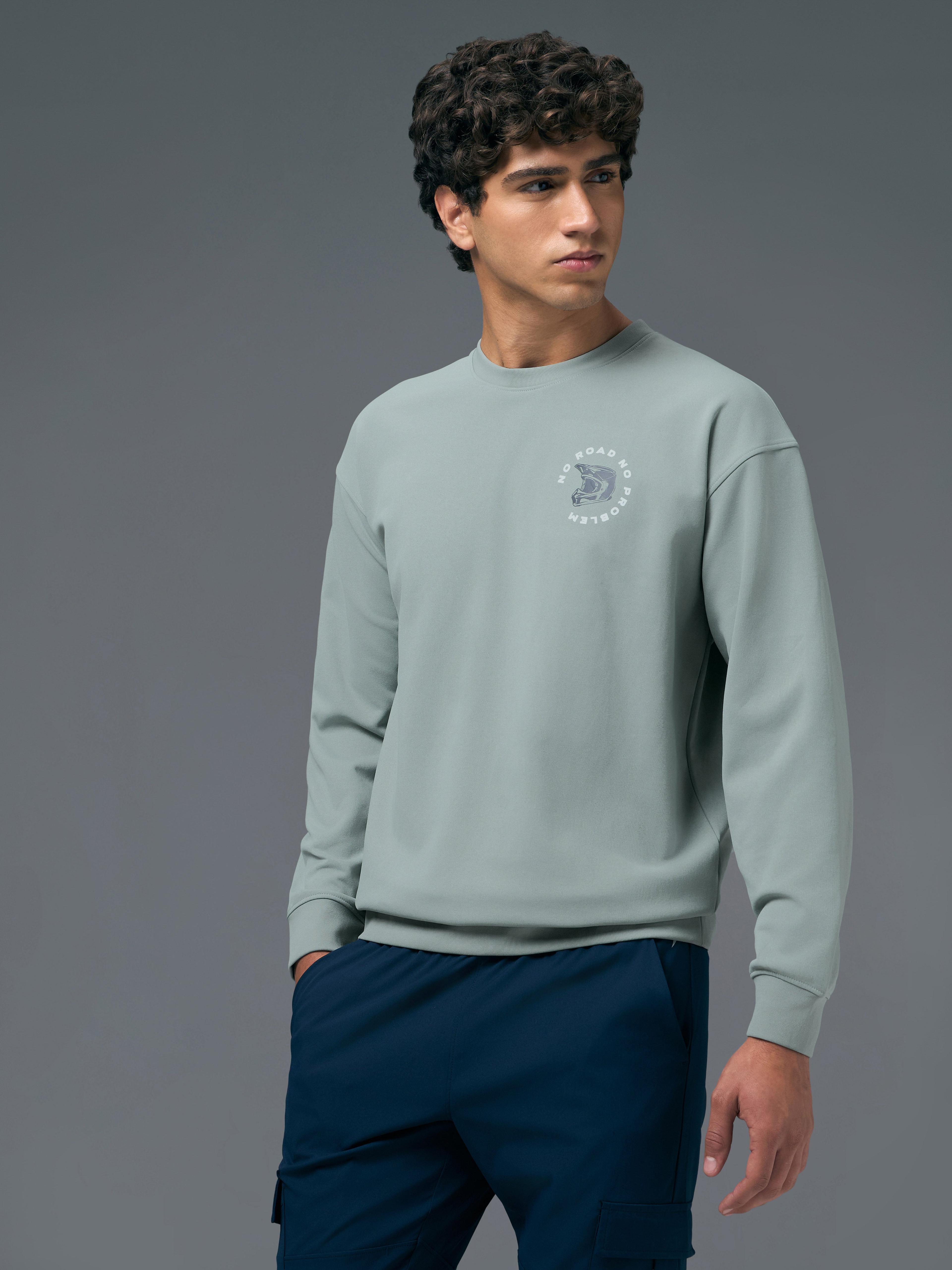 Men Printed Slim Fit Crew Neck Sweatshirt with ELASTO PLUS in Ultimate Grey - 4
